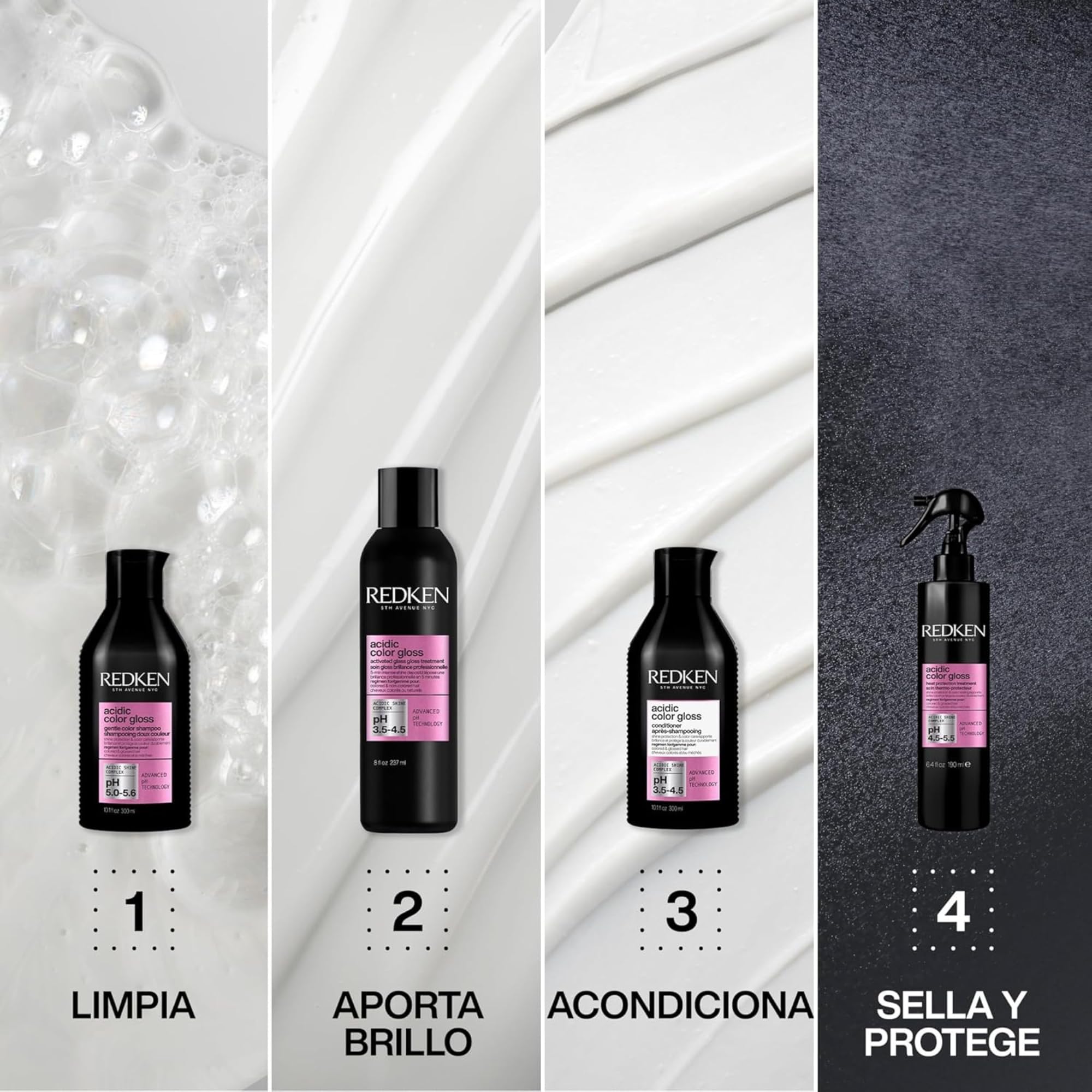 Redken Rutina Protectora del Color para Cabello Teñido con Champú 300 ml y Tratamiento Termoprotector 190 ml, Acidic Color Gloss