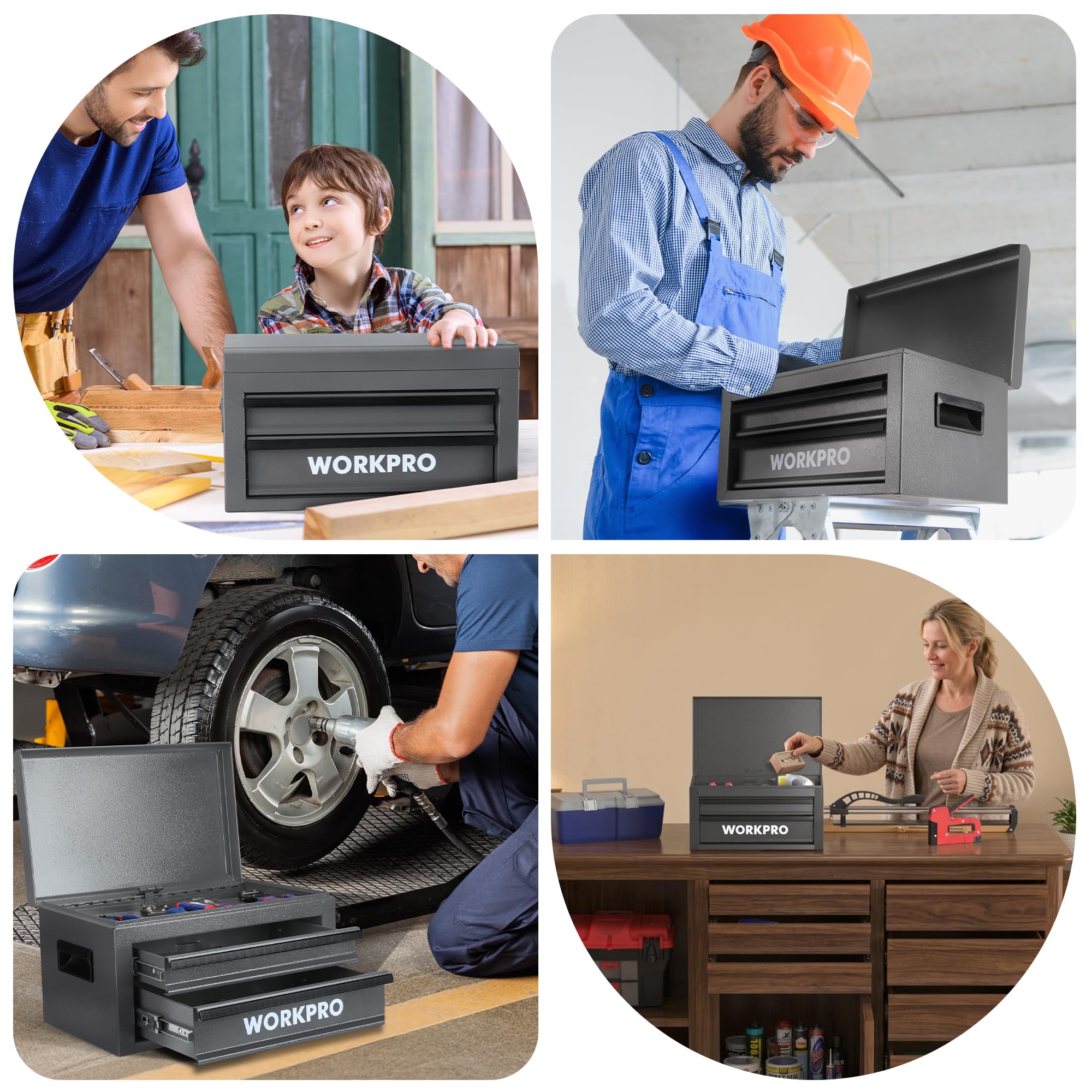 WORKPRO Caja de herramientas de metal de 15 pulgadas con 2 cajones y 1 almacenamiento superior, caja de herramientas portátil resistente con asa para garaje, oficina y hogar, capacidad de carga de