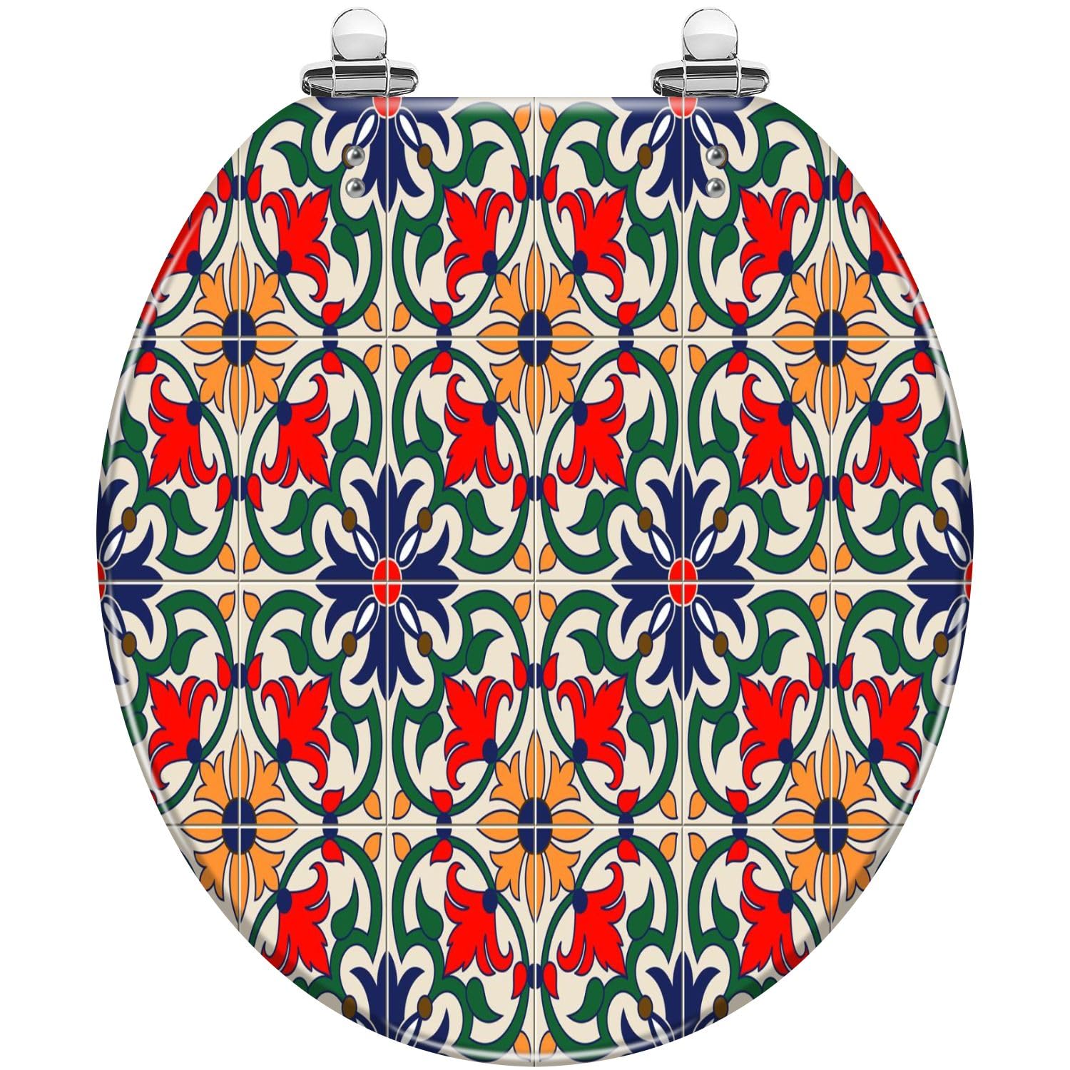 Dxpsxjl Color10 Quiet Round Round Toilet Seat, Retro Talavera Tile Design, Easy Clean Install, Adjustable, Lightweight, Durable, Portable, User-Friendly, Compact, Close