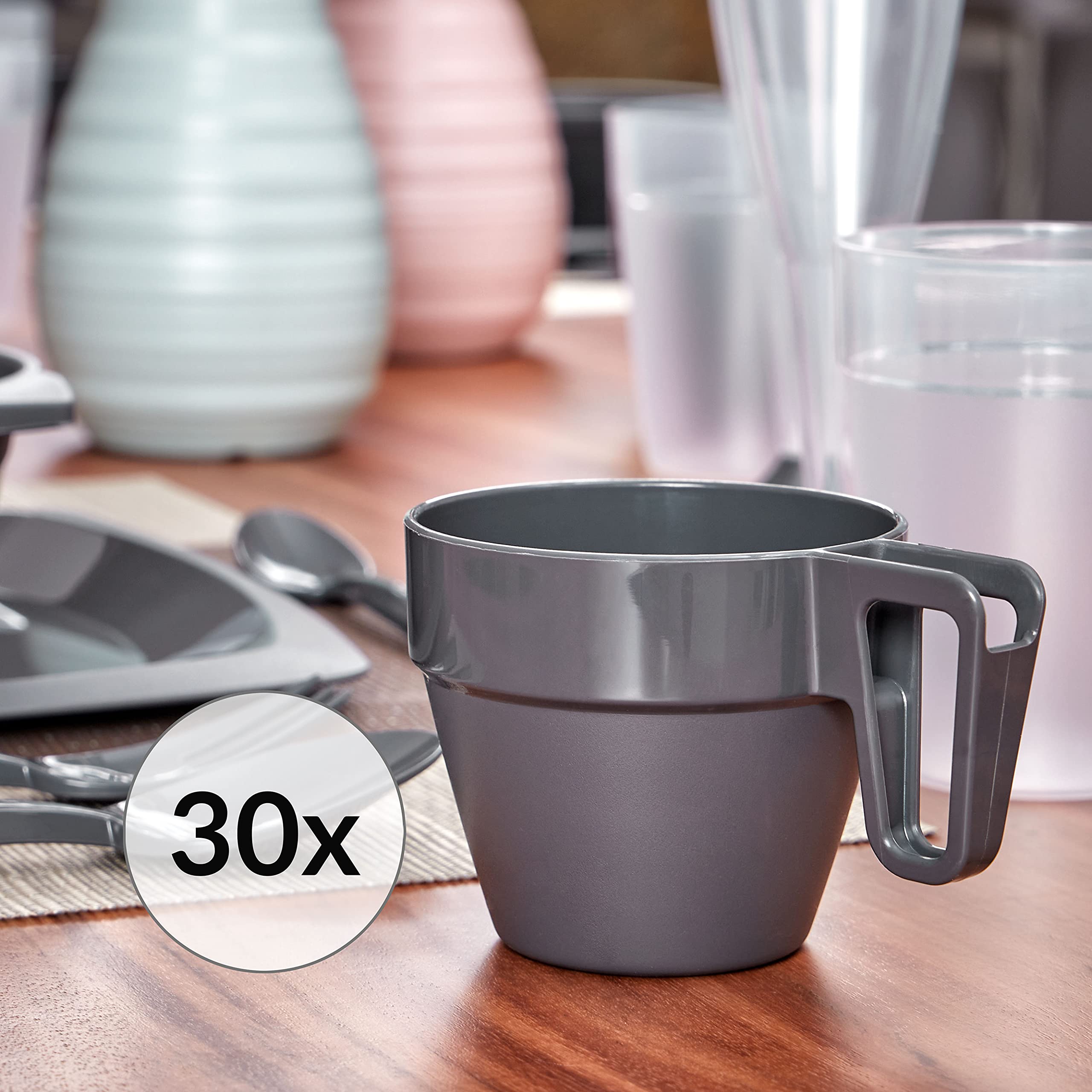 Grizzly Mehrweg Kaffeetassen Set I 30er Set Wiederverwendbares Anthrazit Kunststoffbecher I Stapelbare Campingtassen I Spülmaschinenfest I Bruchsicher mit Henkel