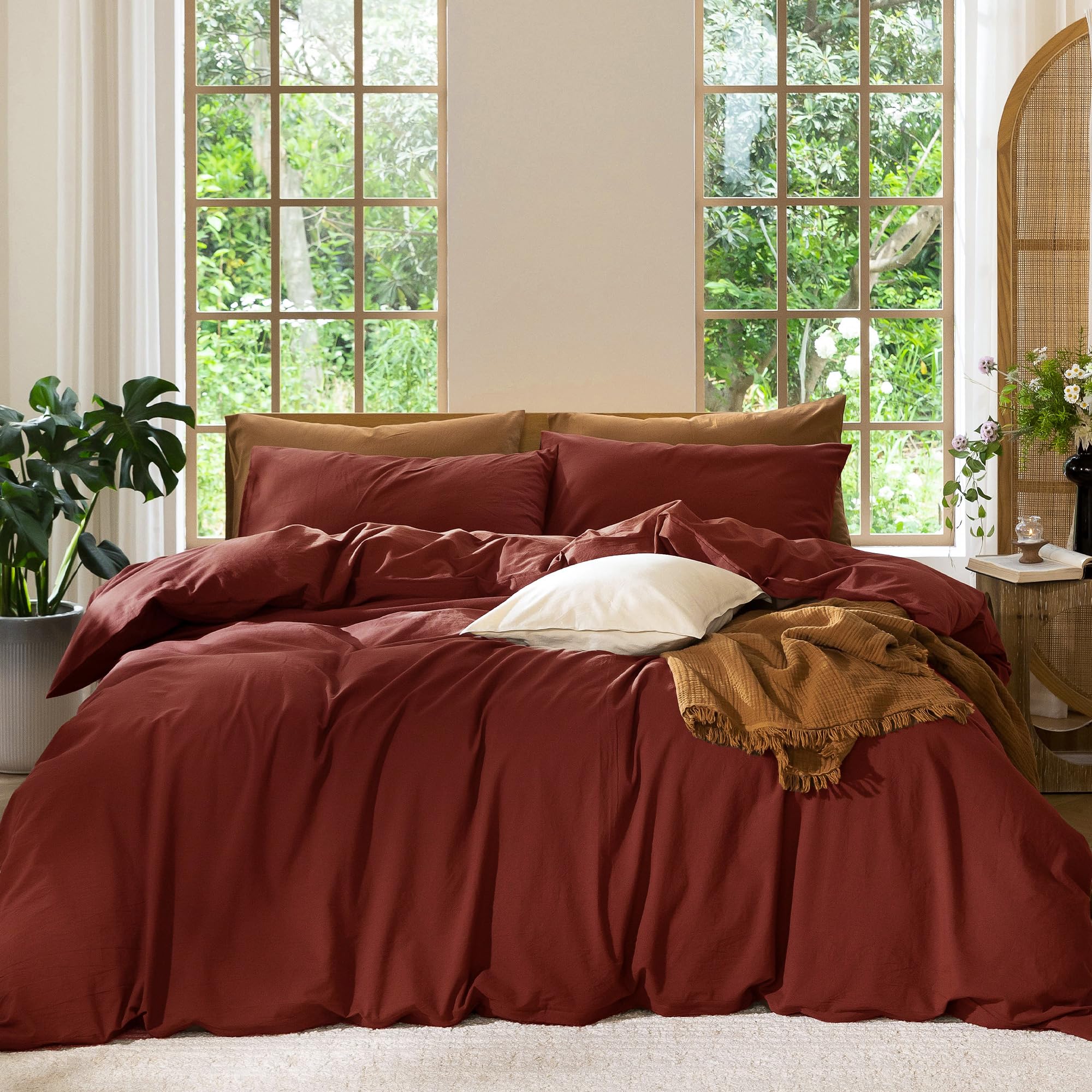 Photo 1 of MooMee Bedding Duvet Cover Set 100% Washed Cotton Linen Like Textured Breathable Durable Soft Comfy (Solid Fired Brick Red, Queen 90"x90")