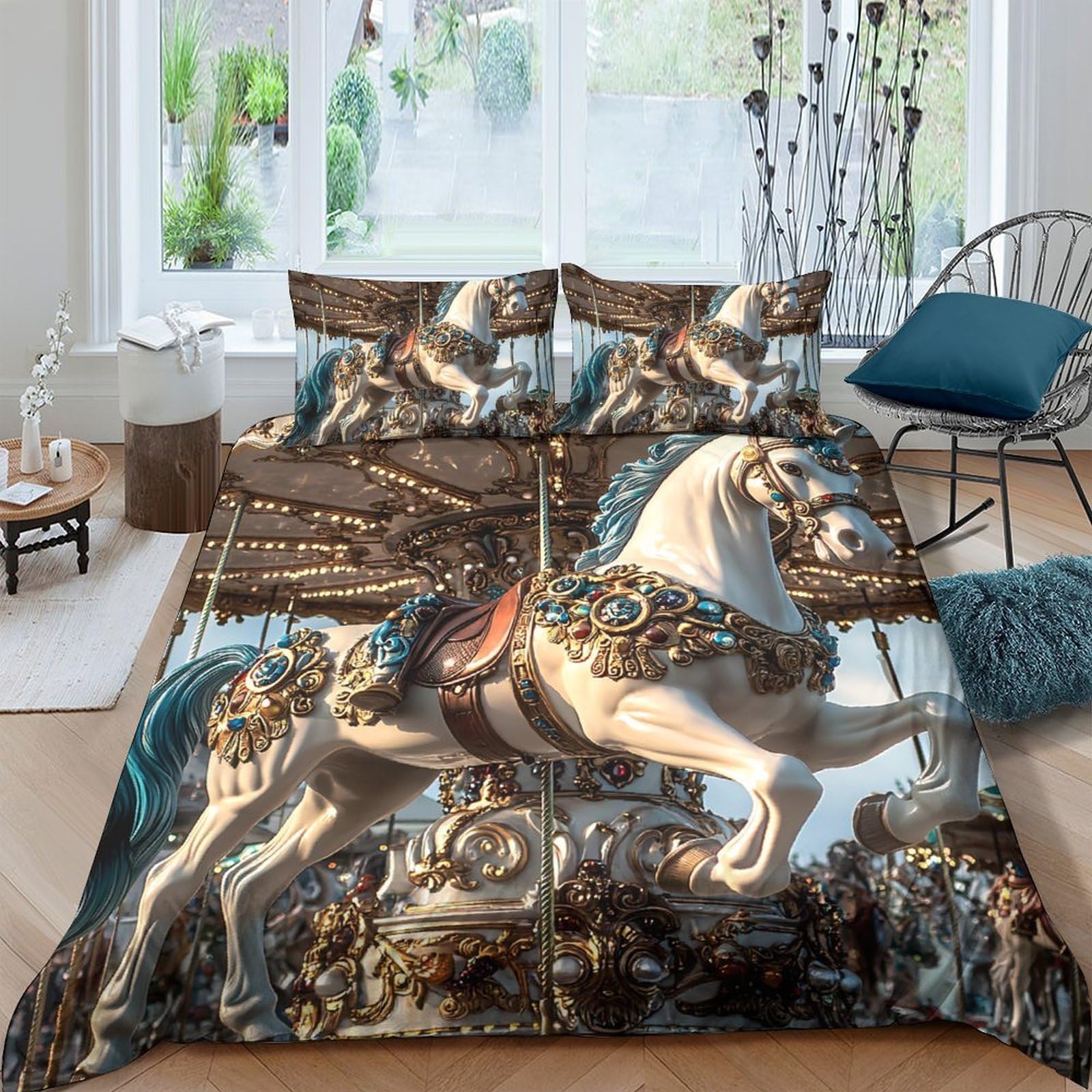 Ctjqhvkz Style-9 3D Printed Baroque White Horse Fitted Sheet Microfiber Bedroom Decor Renaissance Bed Cover For Home Dorm Mattress Protection Single（135X200cm）