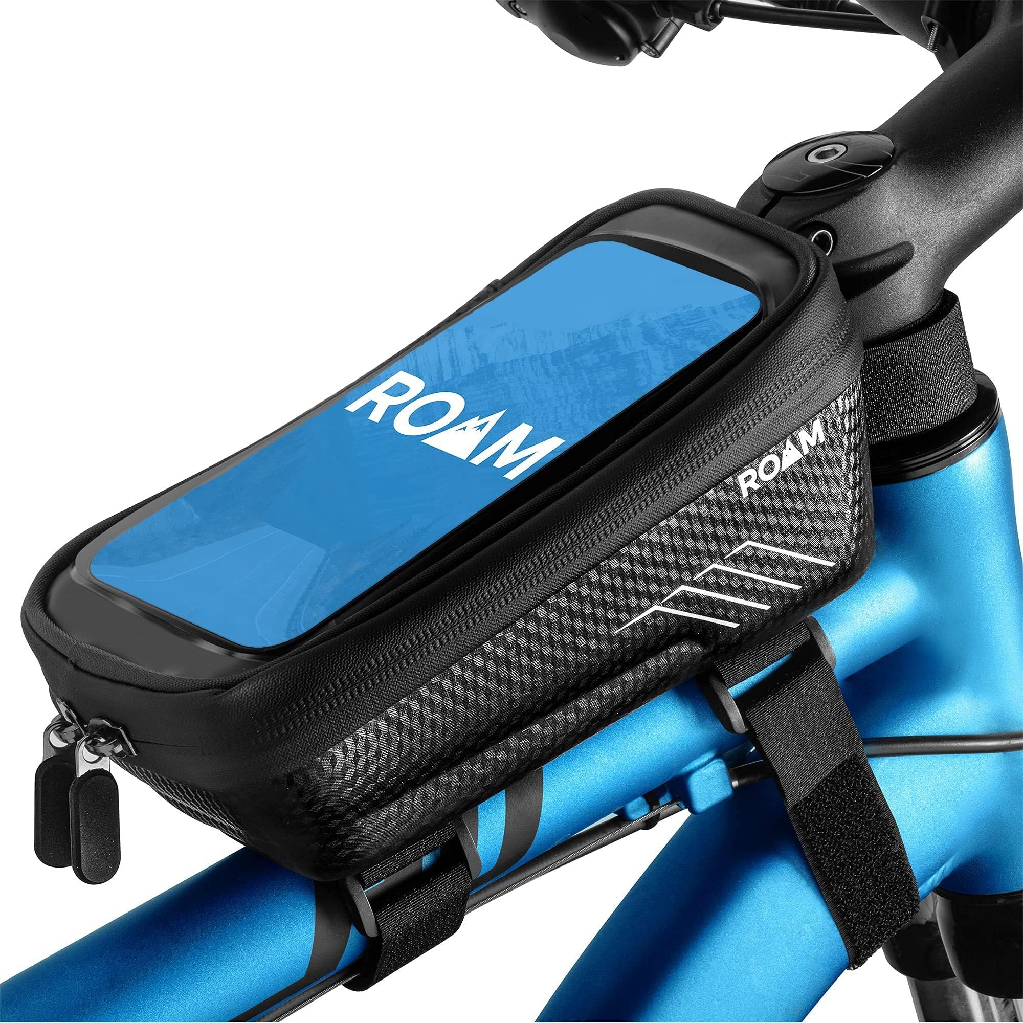 Roam Bike Universal Phone Holder + Waterproof Zipper Storage Case - Fits Smartphones Up To 4" x 7" - Velcro Strap Mounts To Bicycle Frame - Full Touchscreen Capabilities - Black