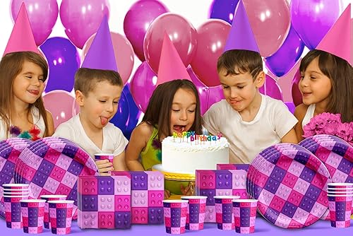Miniatura 7 de Bloques de construcción rosados para fiesta de cumpleaños, juego de platos, servilletas, tazas para 16