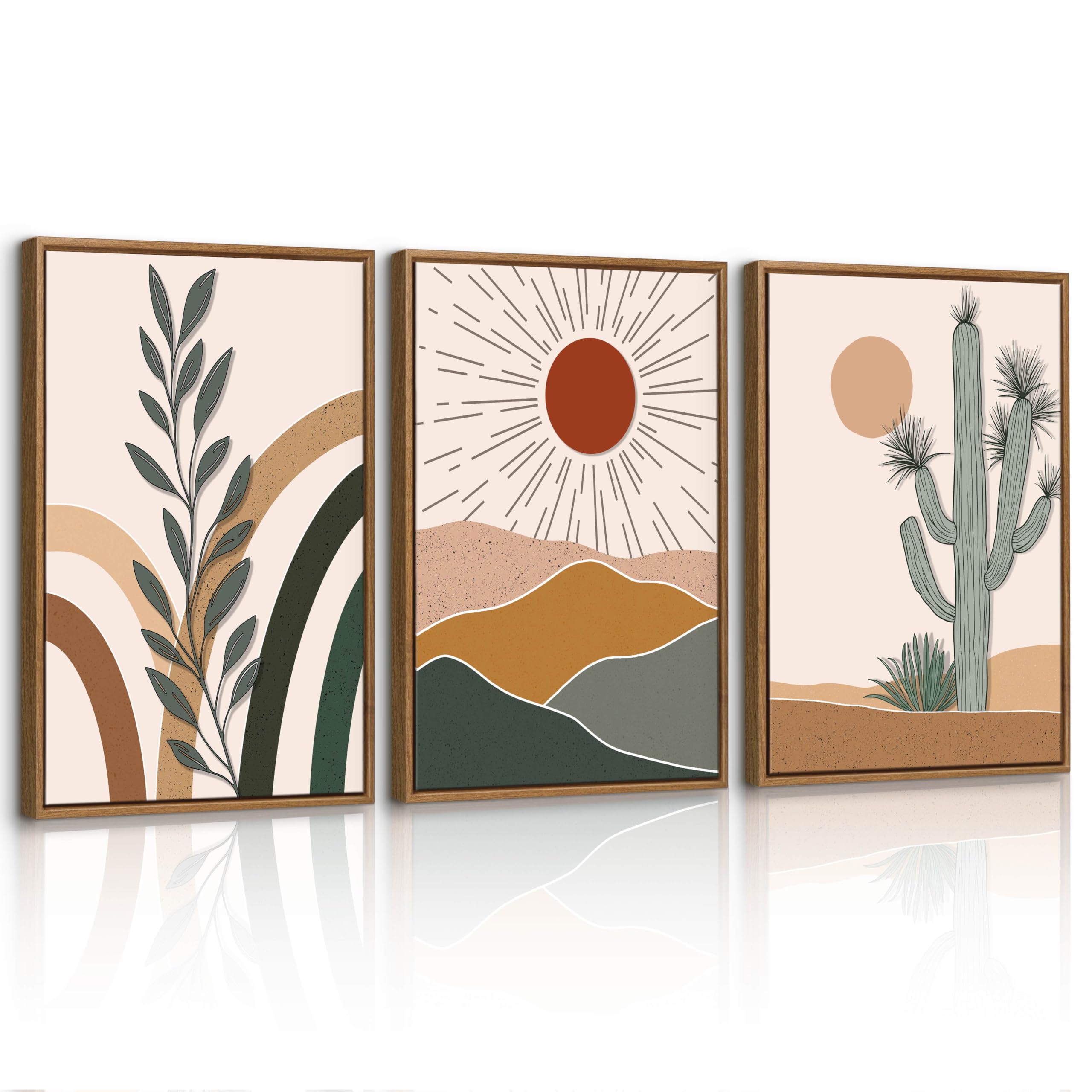 3 Pcs Boho Desert Sunset Framed Canvas Wall Art Prints, Desert Cactus Wall Decor Painting, Aesthetic Plant Landscapes Wall Pictures Artwork for Living Room Bedroom Dining Room Office 30X40cmX3 Pcs