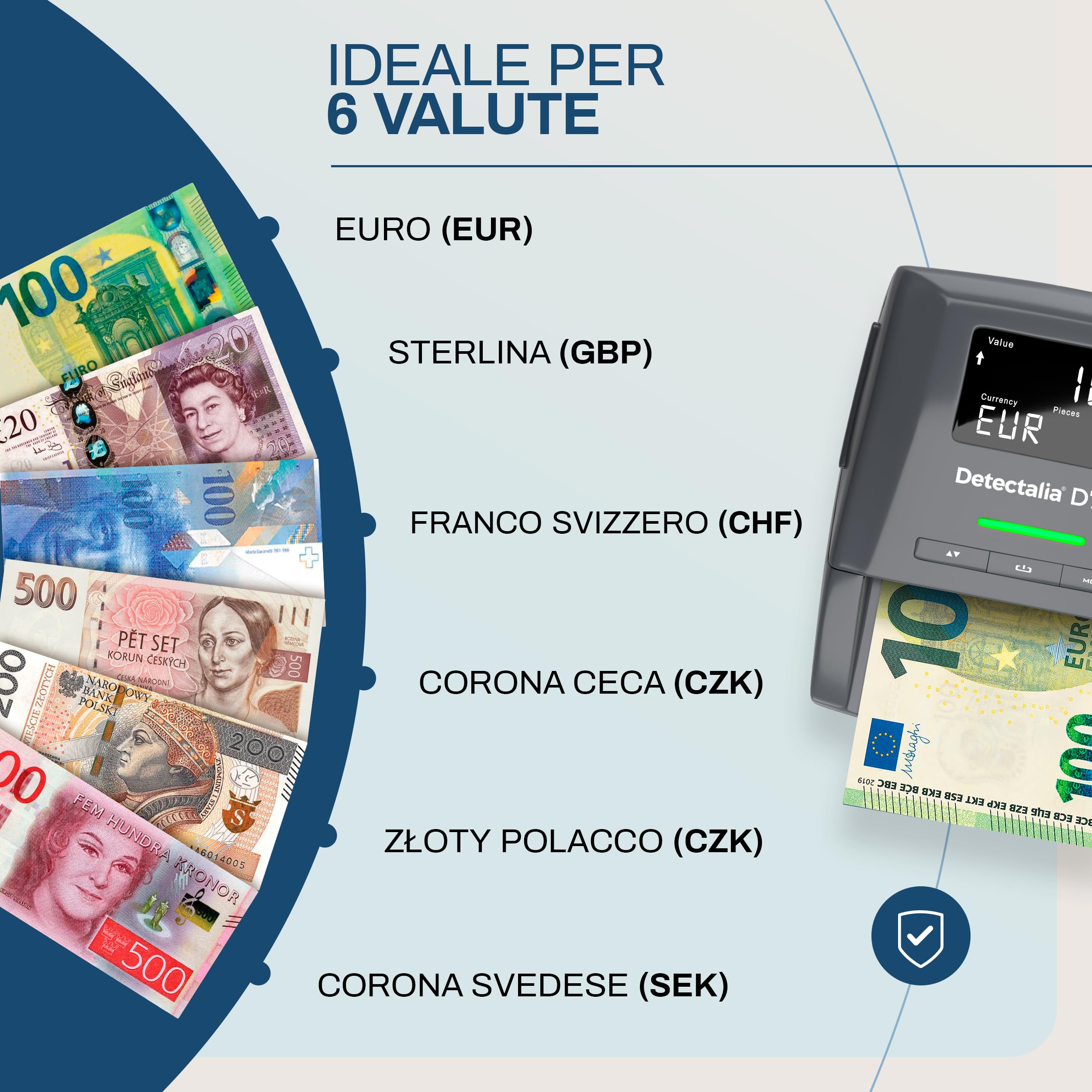 Detectalia D7X - Rilevatore di banconote false con affidabilità al 100% per EUR, GBP, CHF, PLN, CZK e SEK