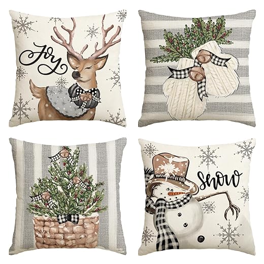 AVOIN colorlife Christmas Snowman Reindeer Gloves Eucalyptus Throw Pillow Covers, 18 x 18 Inch Winter Holiday Stripes Cushion Case Decoration for Sofa Couch Set of 4