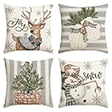 AVOIN colorlife Christmas Snowman Reindeer Gloves Eucalyptus Throw Pillow Covers, 18 x 18 Inch Winter Holiday Stripes Cushion Case Decoration for Sofa Couch Set of 4