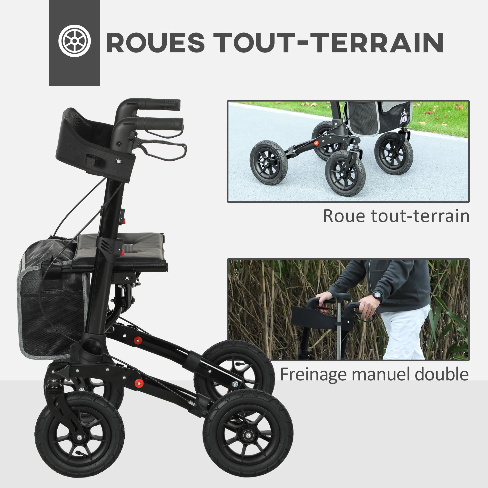 HOMCOM Déambulateur 4 roues pliable, rollator en aluminium léger, siège rembourré, dossier, poignée réglable, sac rangement, double frein, roues tout-terrain, déambulateur pour personnes âgées, noir