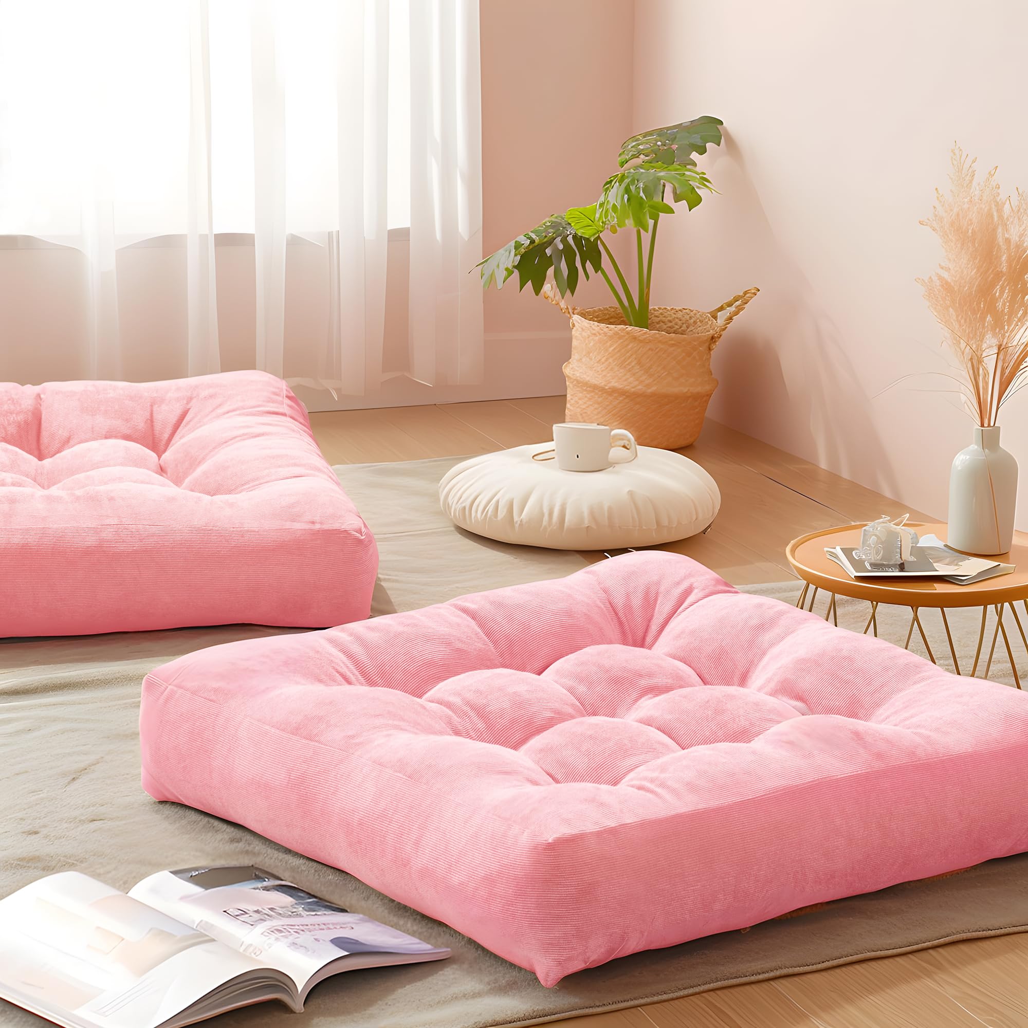 pink floor pillow set of 2 - stylish corduroy cushions for women, perfect for meditation, yoga, and relaxation, 22x22 inch