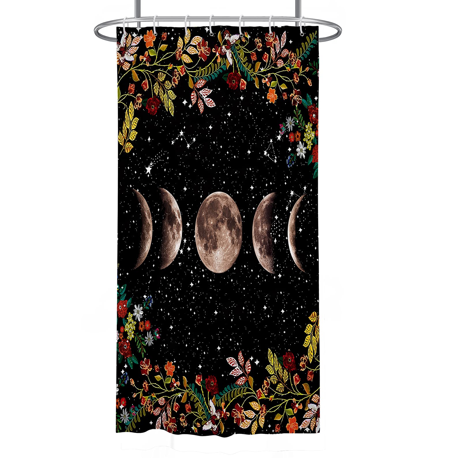 Coxila Moon Phase Moonlit Shower Curtain 36x72 inch Black Yellow Celestial Flower Floral Herbs Ivy Surrounded by Vines Bathroom Curtain Polyester Fabric Waterproof 12 Pack Hooks
