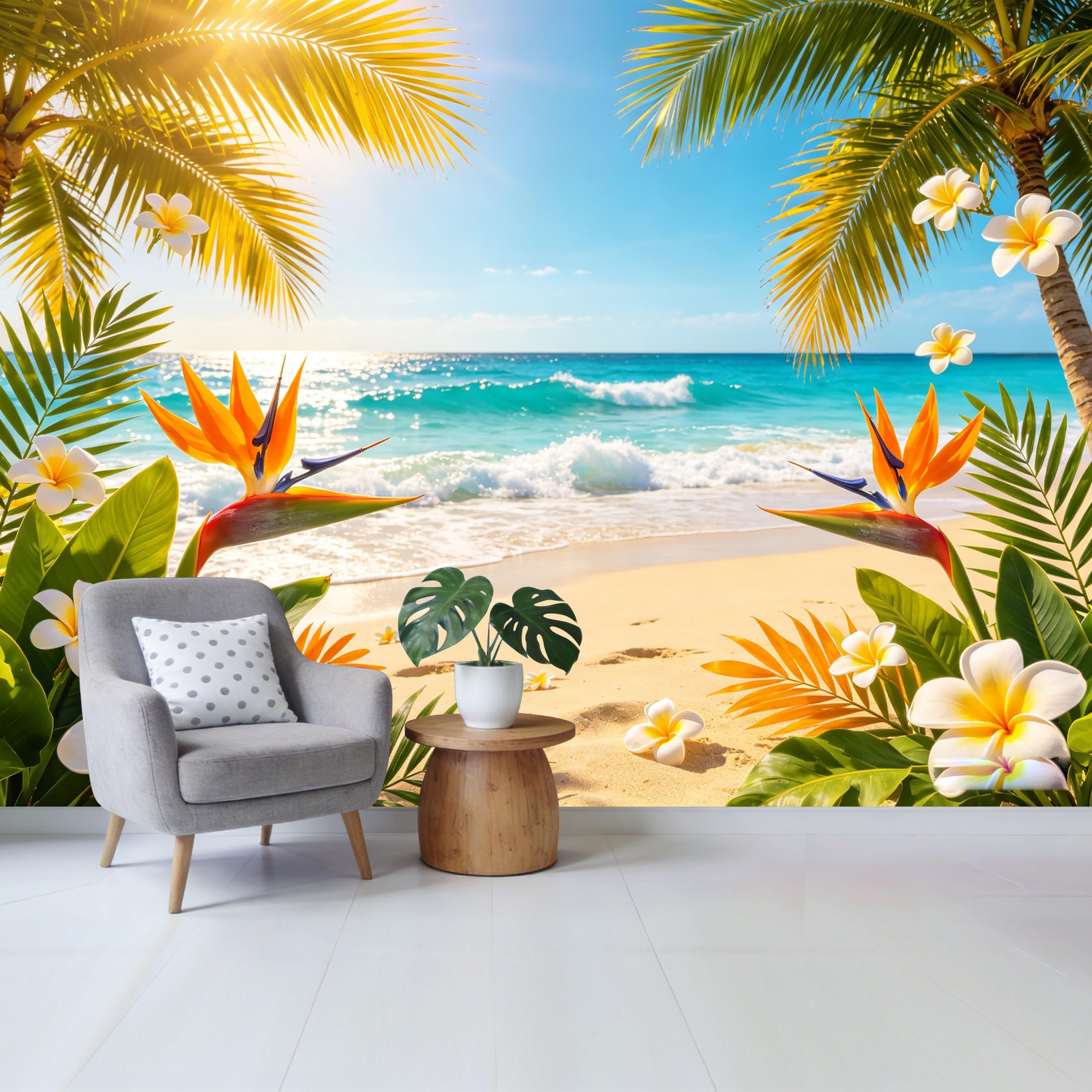 Qzlithotic Yq2605250239 Custom Size Wall Mural Tropical Beach Paradise Bird Of Paradise Flower Palm Leaves Ocean View Selfadhesive Wall Fabric Removable Wallpaper For Home Office Decor
