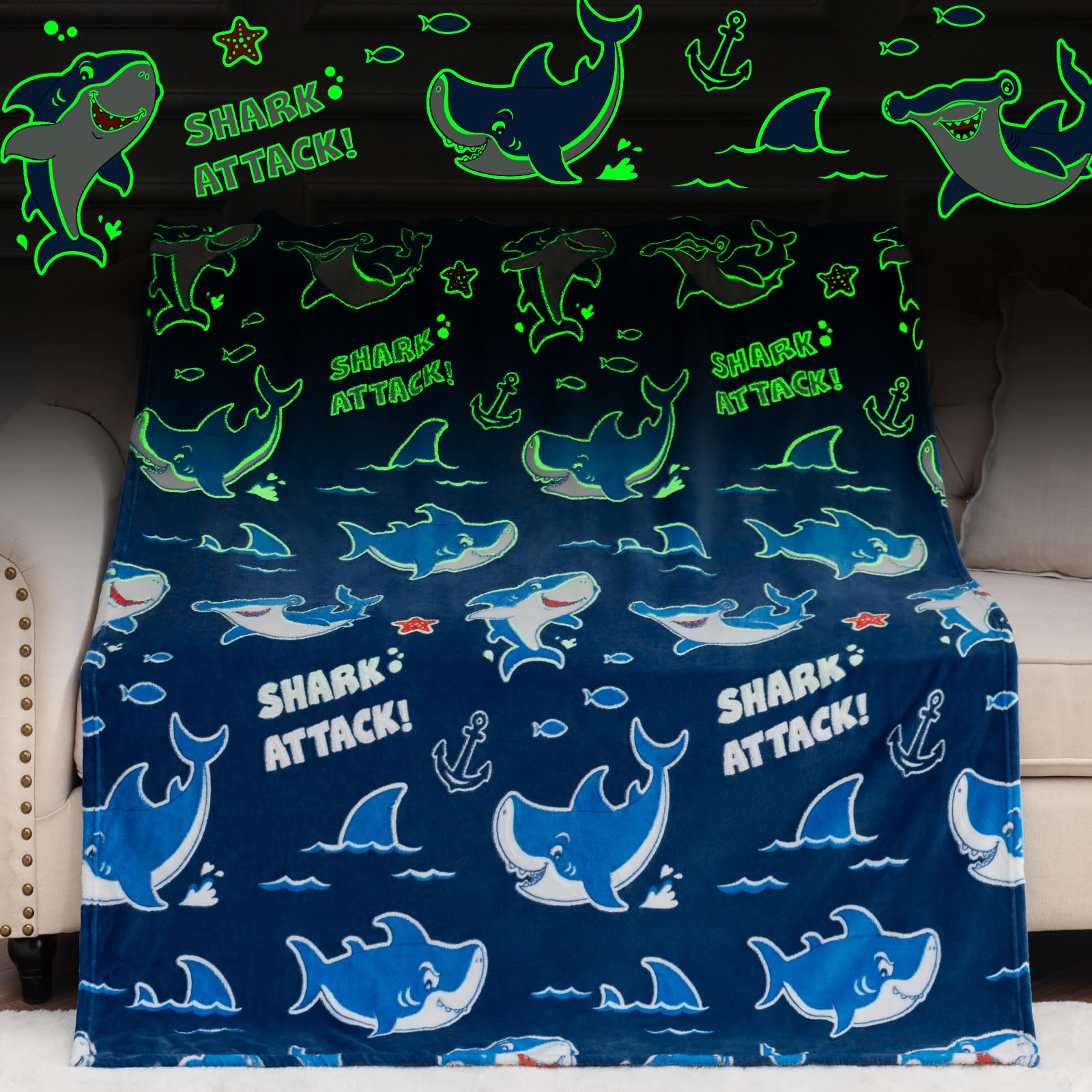 Shark Toys Blankets Glow in The Dark Gifts for Boys Girls, Hammerhead Ocean Sharks Gaming Lovers Room Party Decor for Teens Women, Birthday Valentines Day Gift for Kids Age 3 4 5 6 7 8 9 10 Year Old