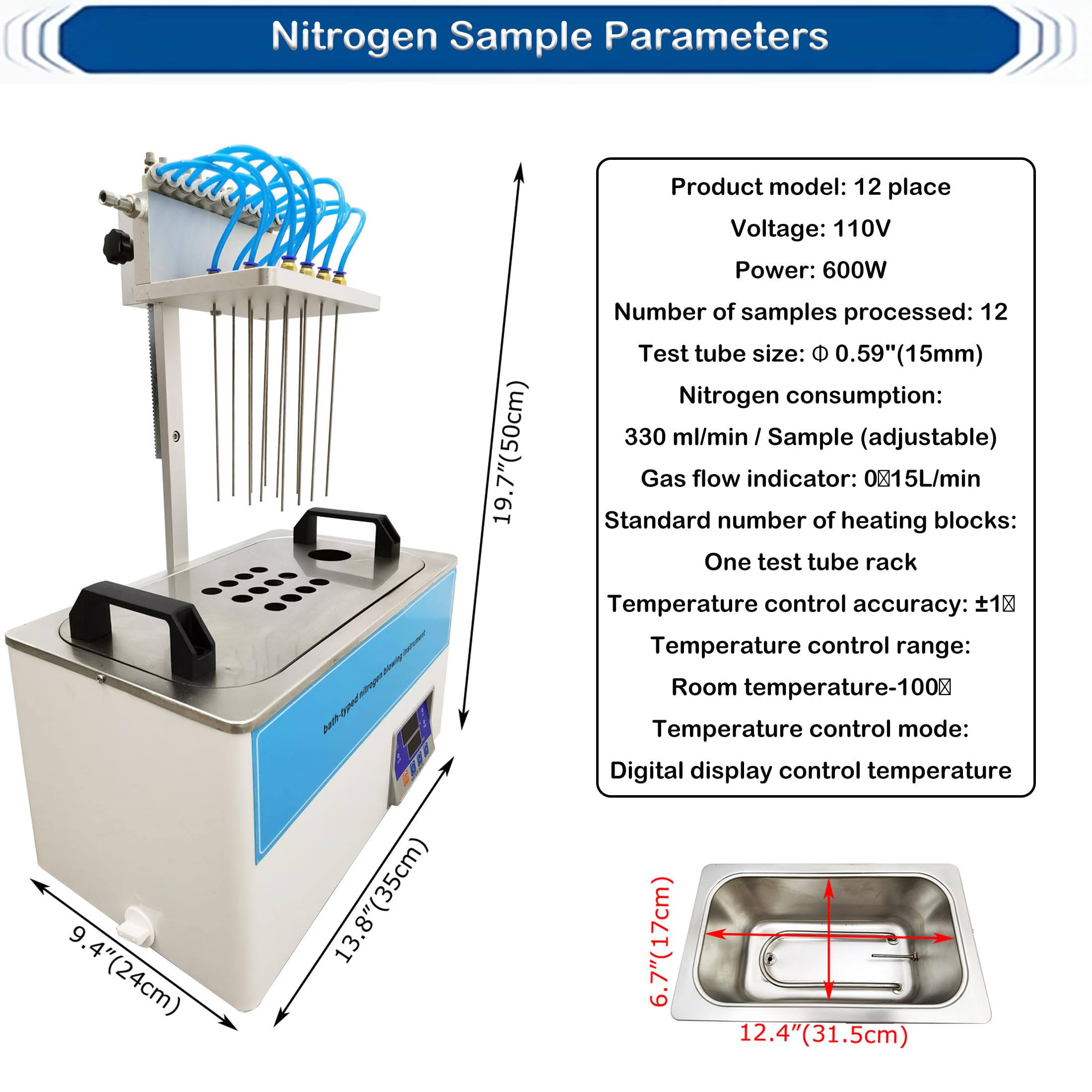INTSUPERMAI Lab Sample Evaporator Sample Concentrator Nitrogen Evaporator Water Bath Nitrogen Blower 12-Gas-Needles Lab Analysing Equipment 110V