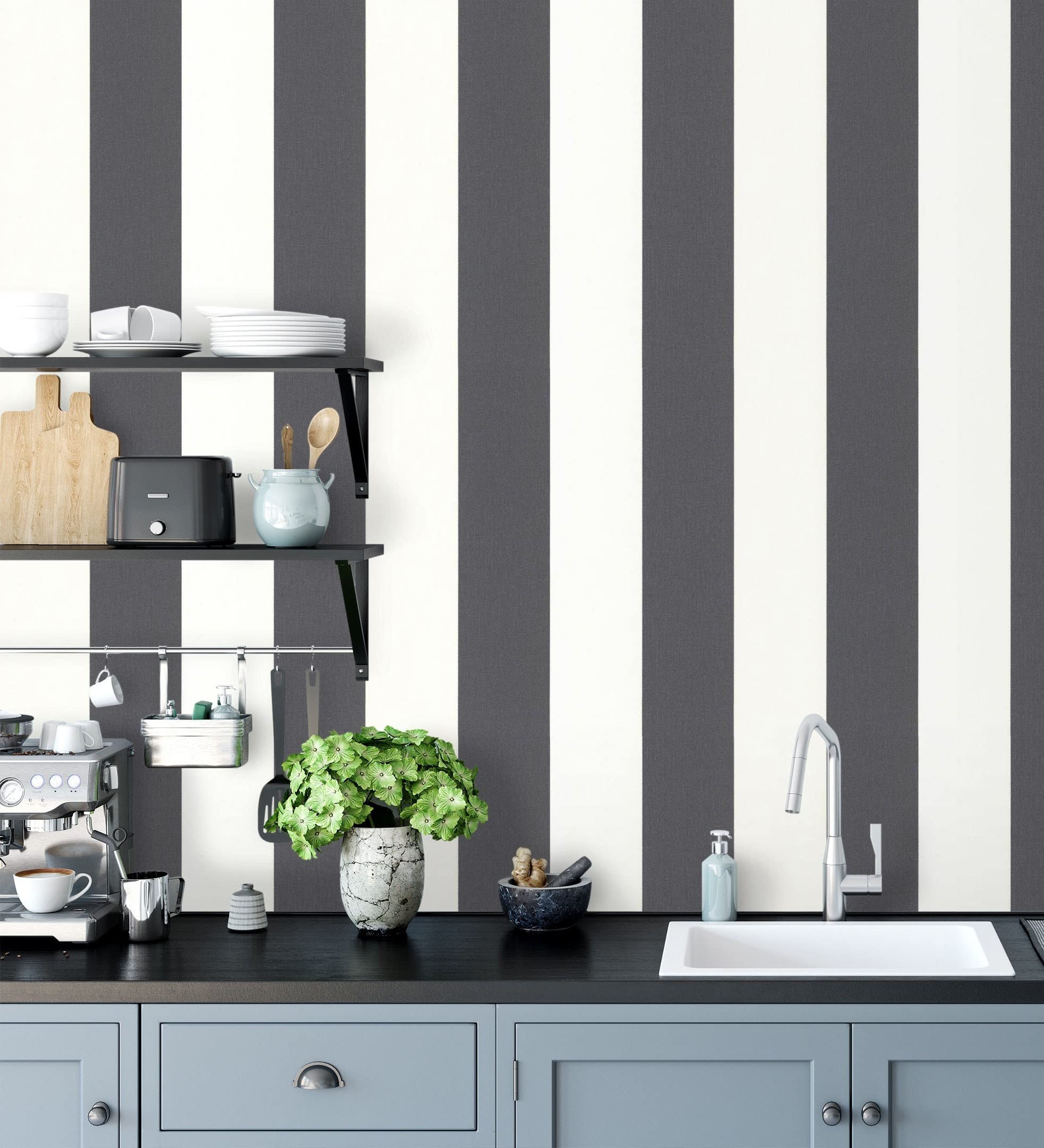 GAULAN 451836 - Papel pintado vinílico rayas anchas gris y blanco 13 cm efecto textil en relieve para pared salón cocina baño comedor - Rollo de 10 m x 0,53 m