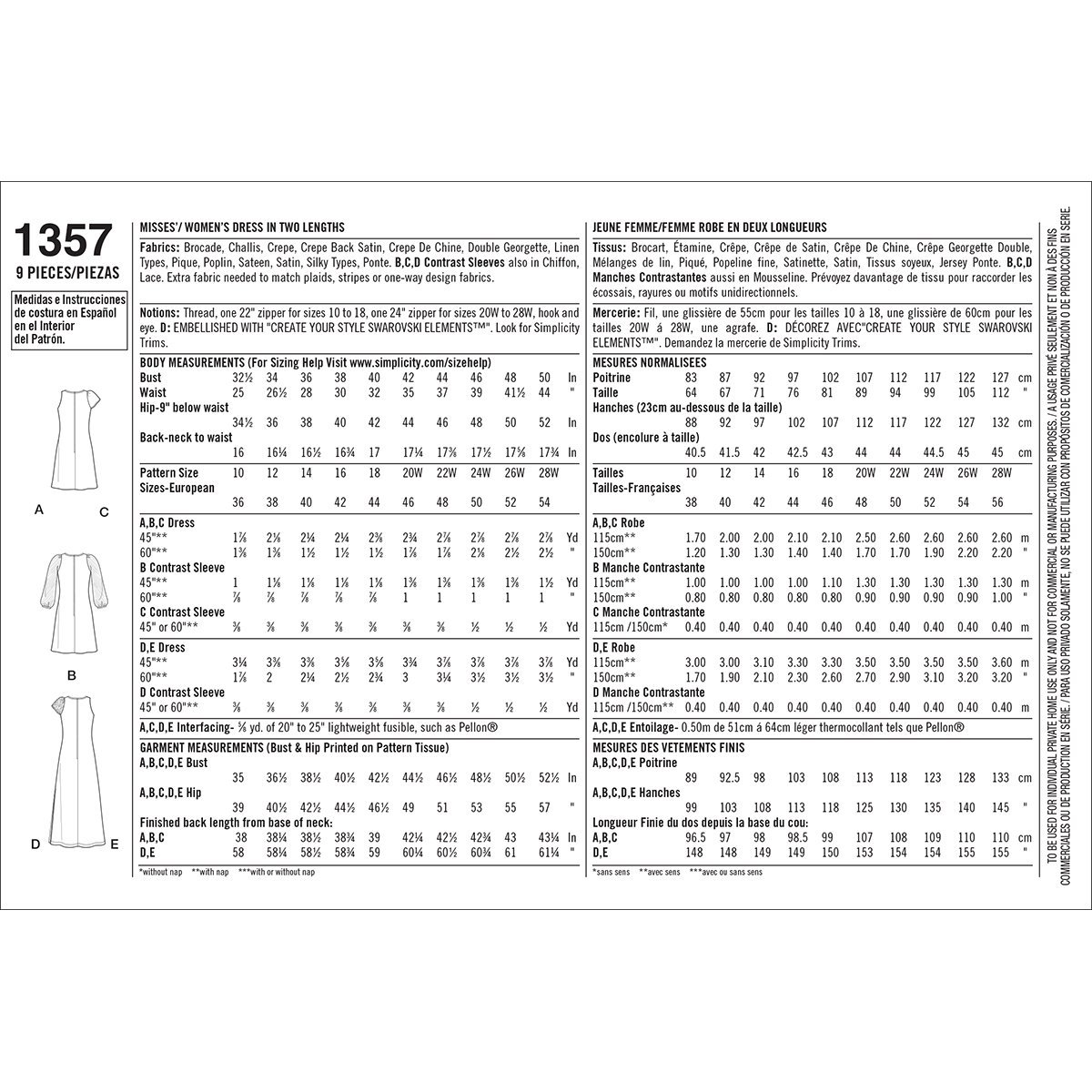 Simplicity 1357 Taglia BB-Cartamodello per Abiti da Donna in 2 Lunghezze da Cucito
