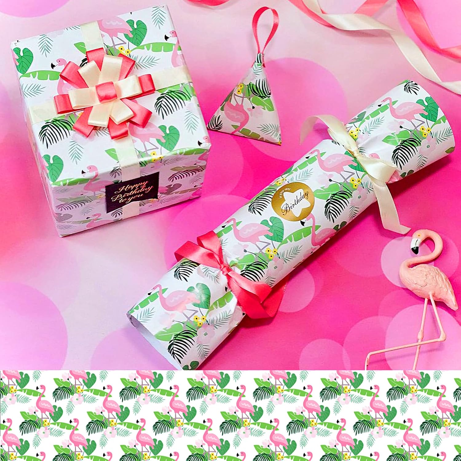 Konsait Flamingo Wrapping Paper, Monstera Palm Leaves Hawaii Safari Jungle Tropical Themed Wrap Paper Sheet for Gift Wrapping Birthday Baby Shower Flowers Party Decoration Craft Supplies image 3