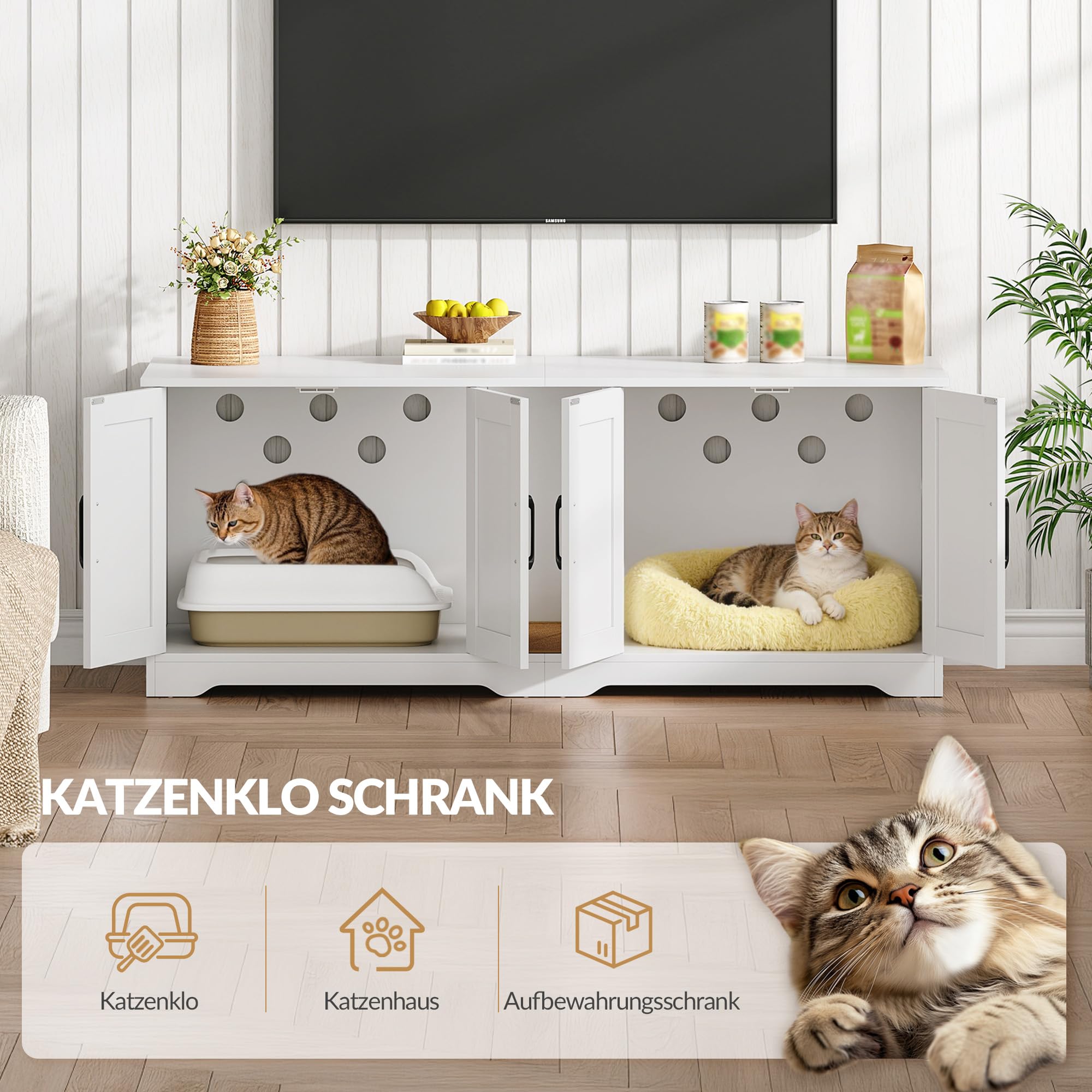 Katzenklo Schrank für 2 Katzen, Katzenklo Versteckt Schrank Möbel, Katzenhaus Holz Beistelltisch mit Kratzmatte, für Wohnzimmer und Schlafzimmer, 140 x 50 x 55 cm, Weiß, FPCB103PW1