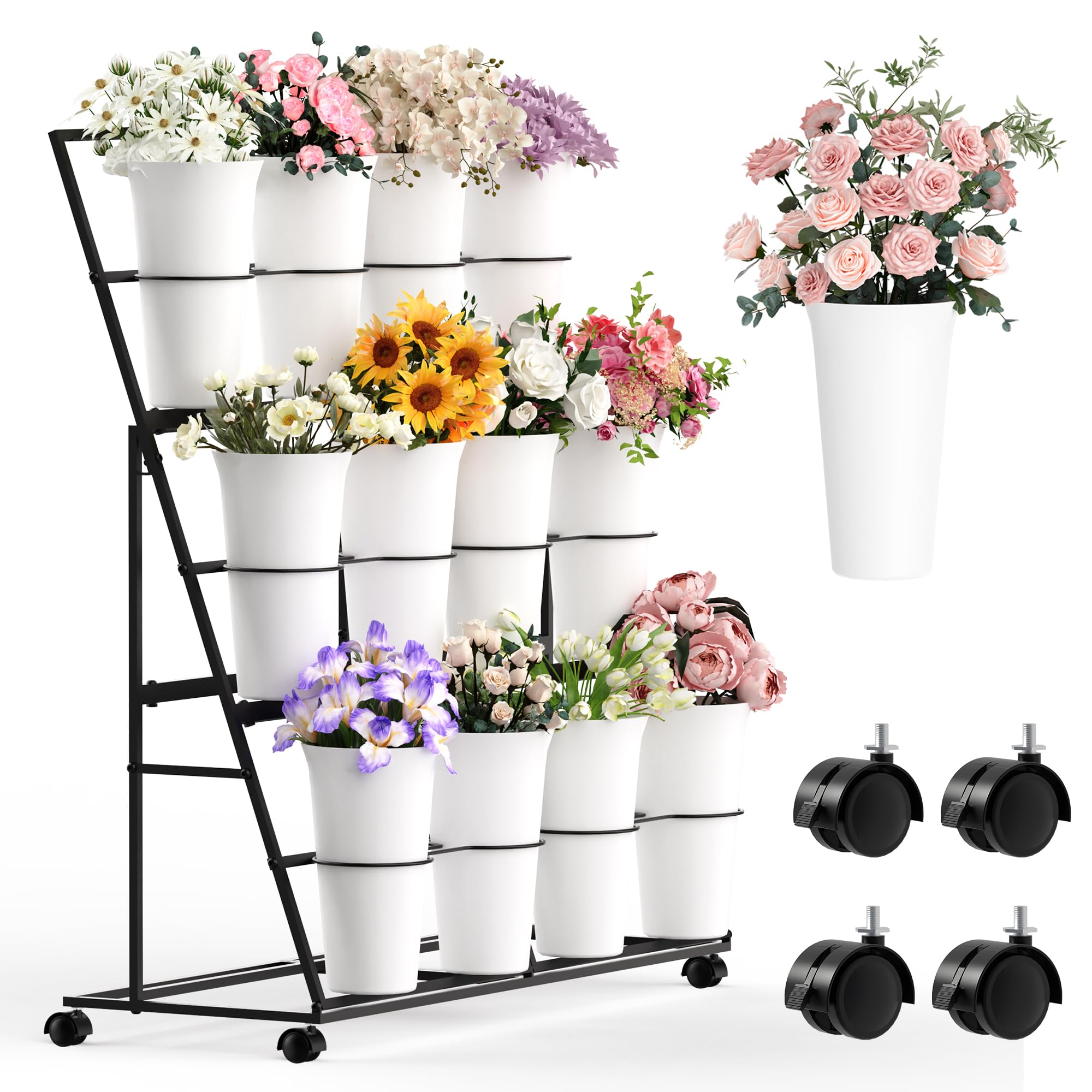 Alyoen Flower Display Stand with 12 Buckets and Wheels, 3 Tier Flower Cart Display Stand for Indoor Outdoor Garden, Wedding, Flower Shop (Existing Patent)