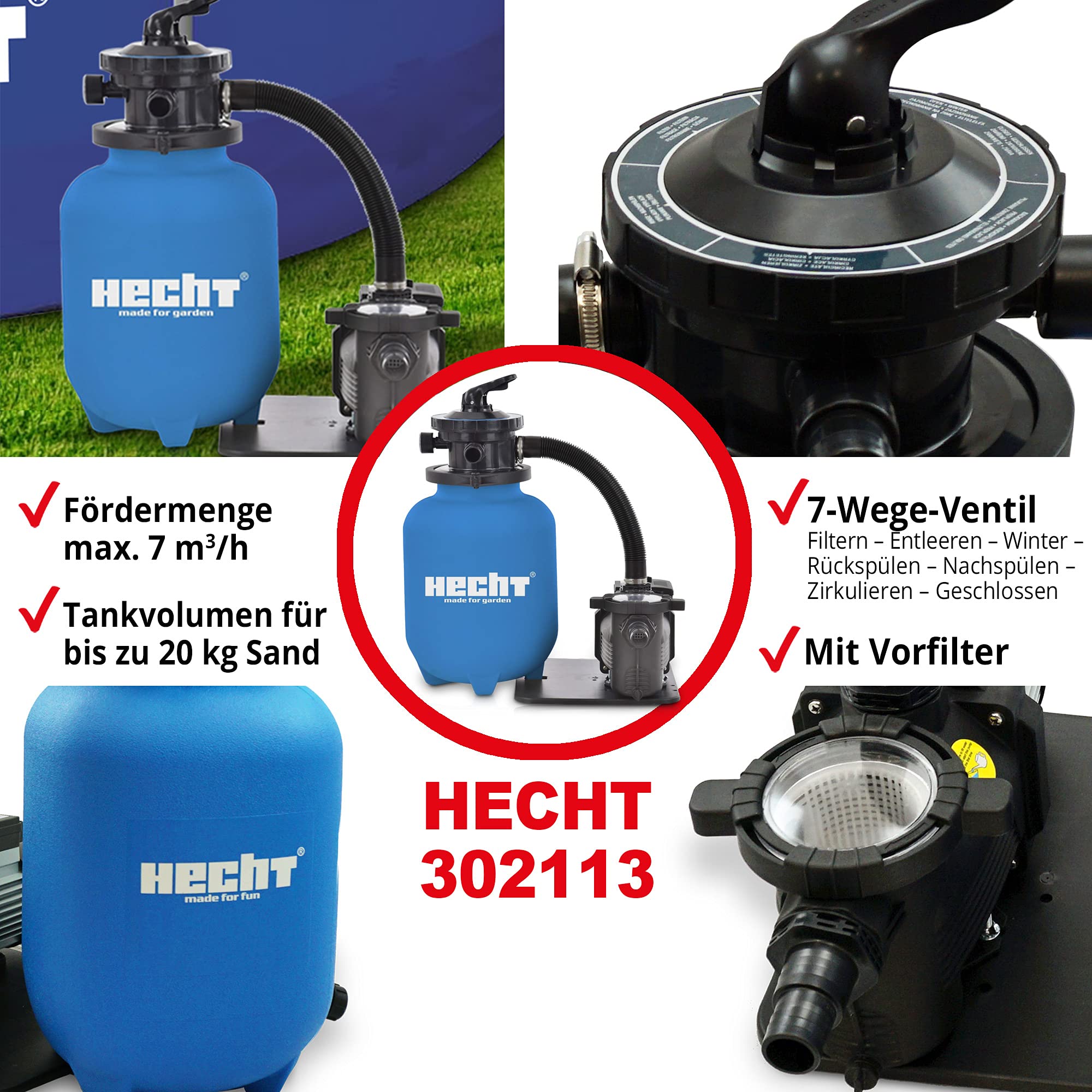 HECHT Sandfilter Sandfilteranlagen 11.000 Liter – Poolfilteranlage Sandfilterpumpe Reinigungspumpe für Gartenpool – Sandfilteranlage Pool - Schwimmbecken Reinigung mit Vorfilter Filter – 7-Wege Ventil