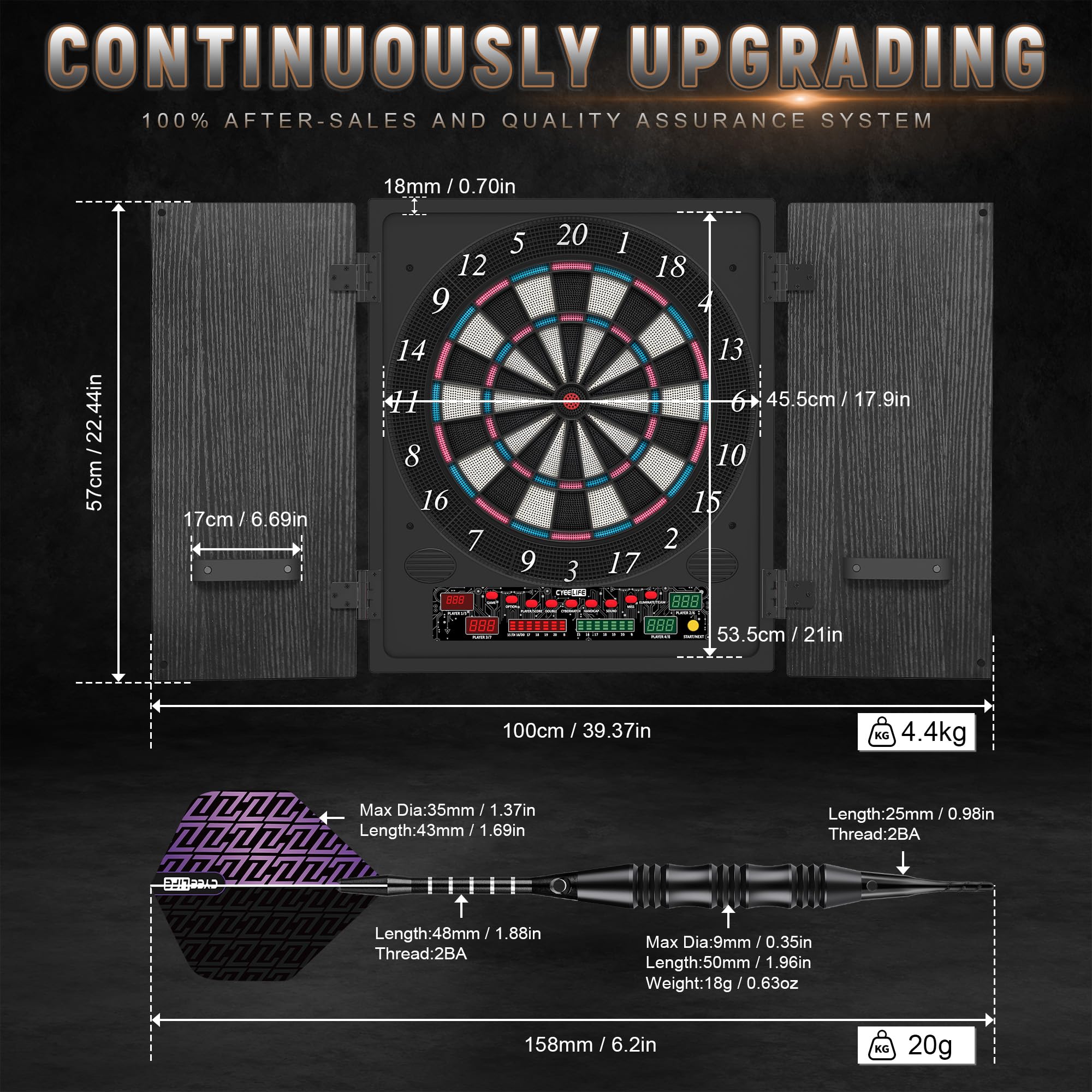 CyeeLife Bersaglio elettronico per freccette con armadio in legno, bersaglio elettronico con 34 giochi e 355 varianti, modalità 8 giocatori, display LED, voce tedesca