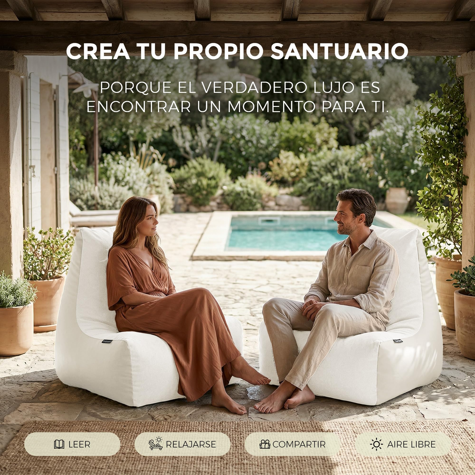 HAPPERS Puff Sillón Naylim Mate con Relleno Incluido para Exterior e Interior Transpirable y Resistente| Asiento Relax Ergonómico para Terraza, Jardín y Salón | 85x80x90 cm Crudo