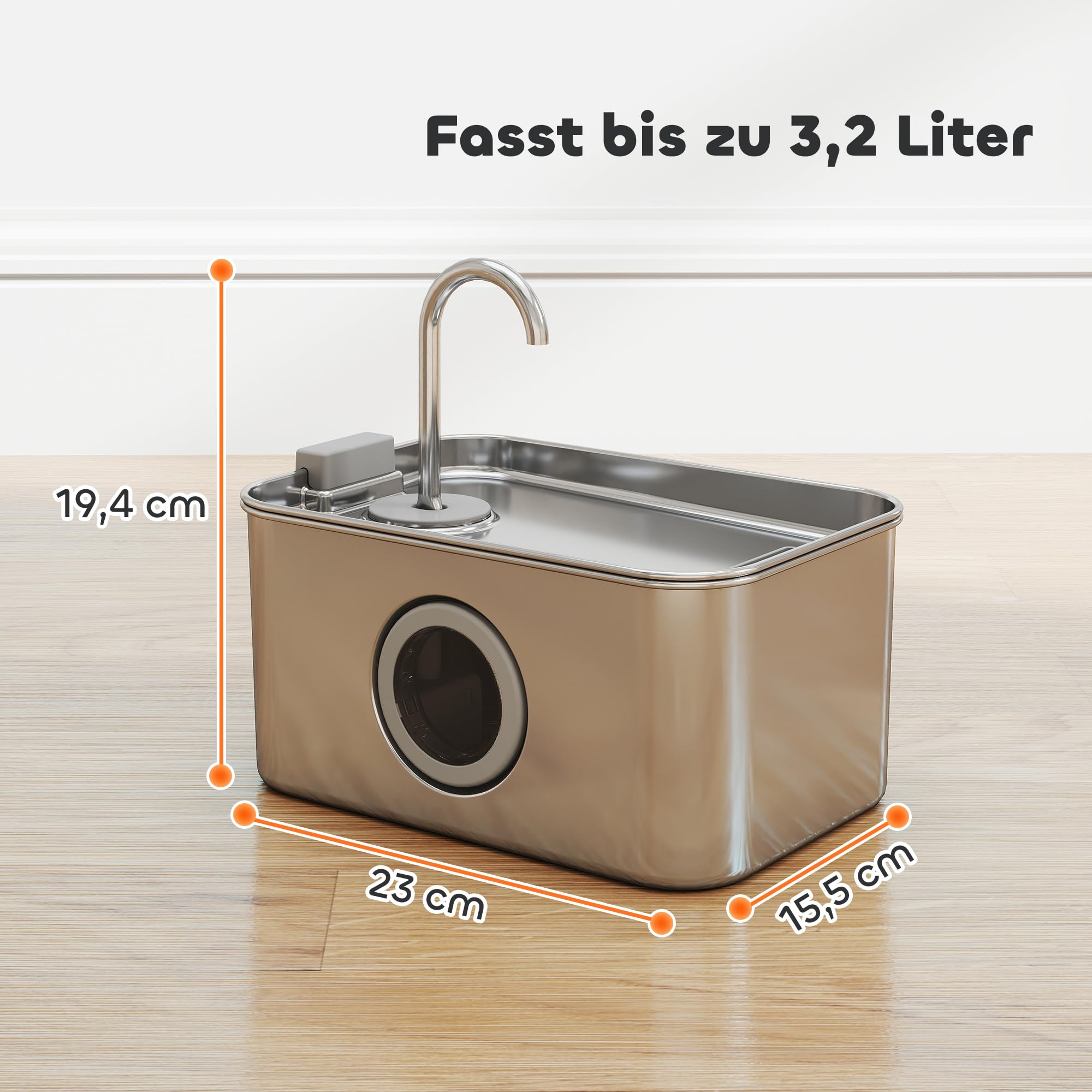 PawHut Fontanna dla kota z cichą pompą dla kotów i psów 3,2L srebrny | Fontanna dla kota ze stali nierdzewnej, Okienko poziomu wody, Filtr z węglem aktywnym, LED, System filtracji