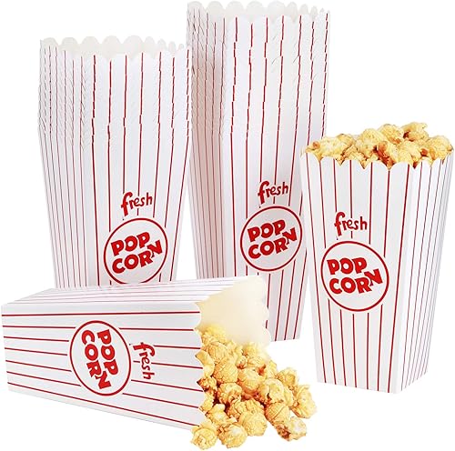Eupako Popcorn Boxes 100 Pack 7.75 Inch Open-Top Paper Popcorn Box Great for Movie Night or Movie Party Theme, Theater Themed Decorations or