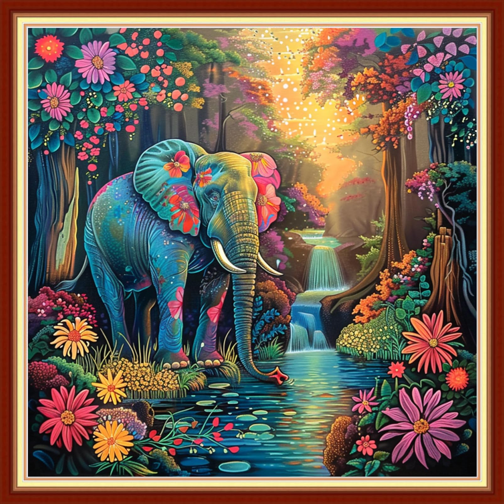 Joyhoor Stamped Cross Stitch Kits for Beginners Needlepoint Kits for Adults Embroidery Kits 11CT Counted Cross Stitch Kits Printed Embroidery Pattern-Forest Elephant 18x18 inchs