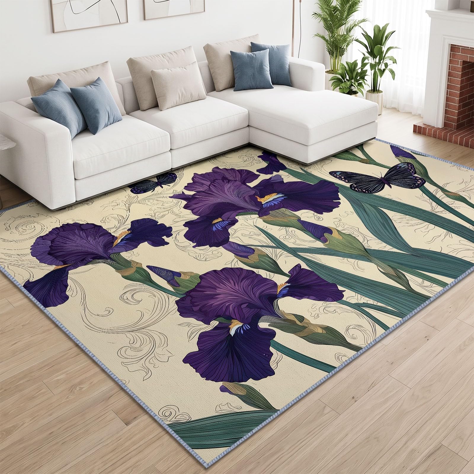 Zmywalny dywan do salonu, 180 x 240 cm, francuski, botaniczny, antypoślizgowy, niski runo, irys, motyl, winorośl, duży dywan do sypialni, kuchni, jadalni, pokoju dziecięcego, przedpokoju, przedpokoju