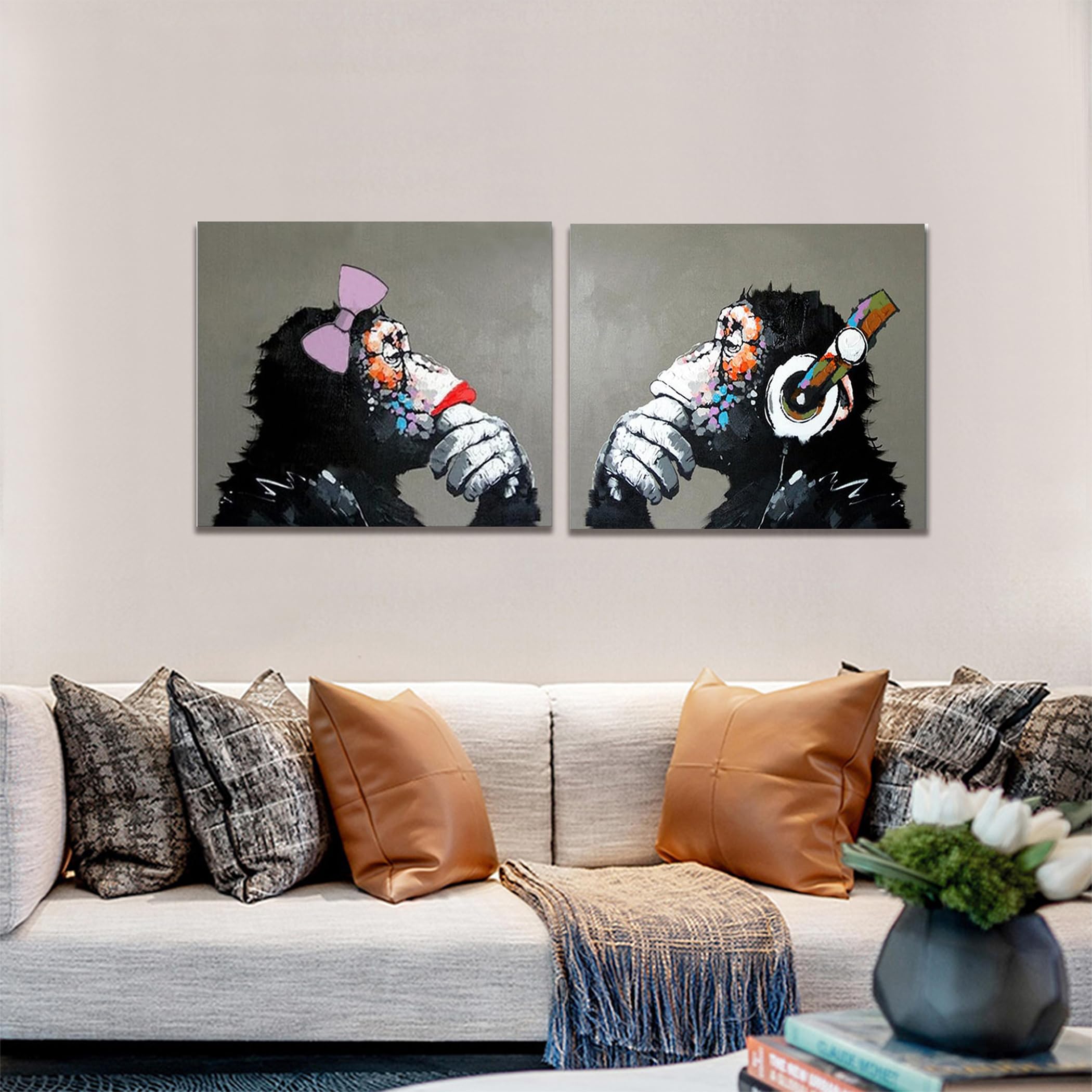 Peint À La Main Peinture À L'huile Sur Toile Écouter Musique Pop Gorille Couple Amant Mur Décor Encadré Prêt à Accrocher