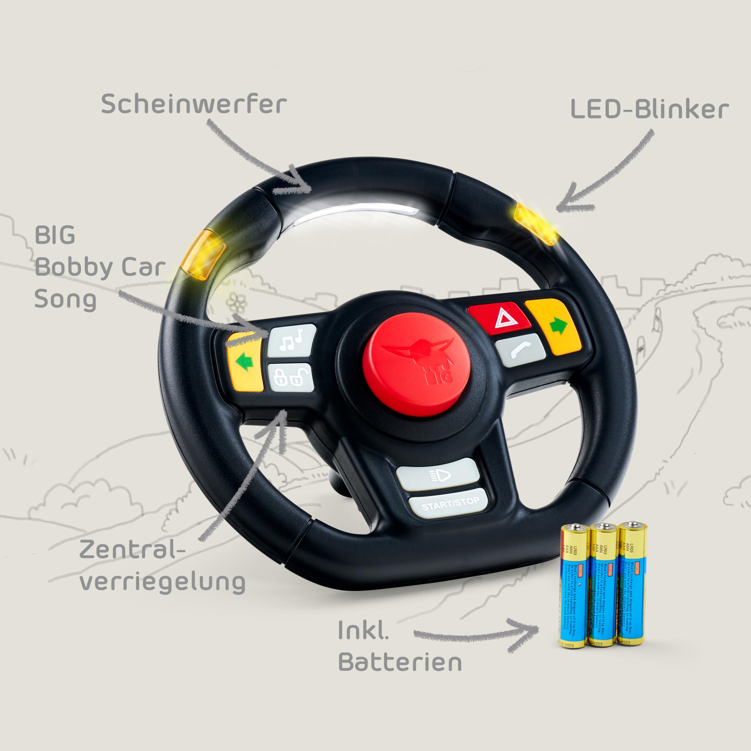 Big Sound Lenkrad – mit Licht & 8 realistischen Sounds – Zubehör für Big Bobby Car & Big Traktoren (ab 2010), inkl. Batterien, für Kinder ab 12 Monaten