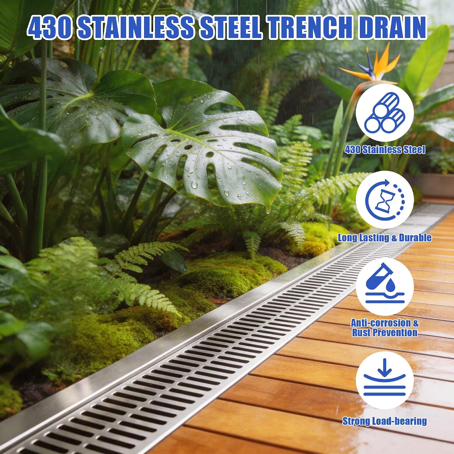 430 Stainless Steel Channel Drain 90 Degree Outdoor Durable Trench Drain for Driveway, Garage, Park, Patio
