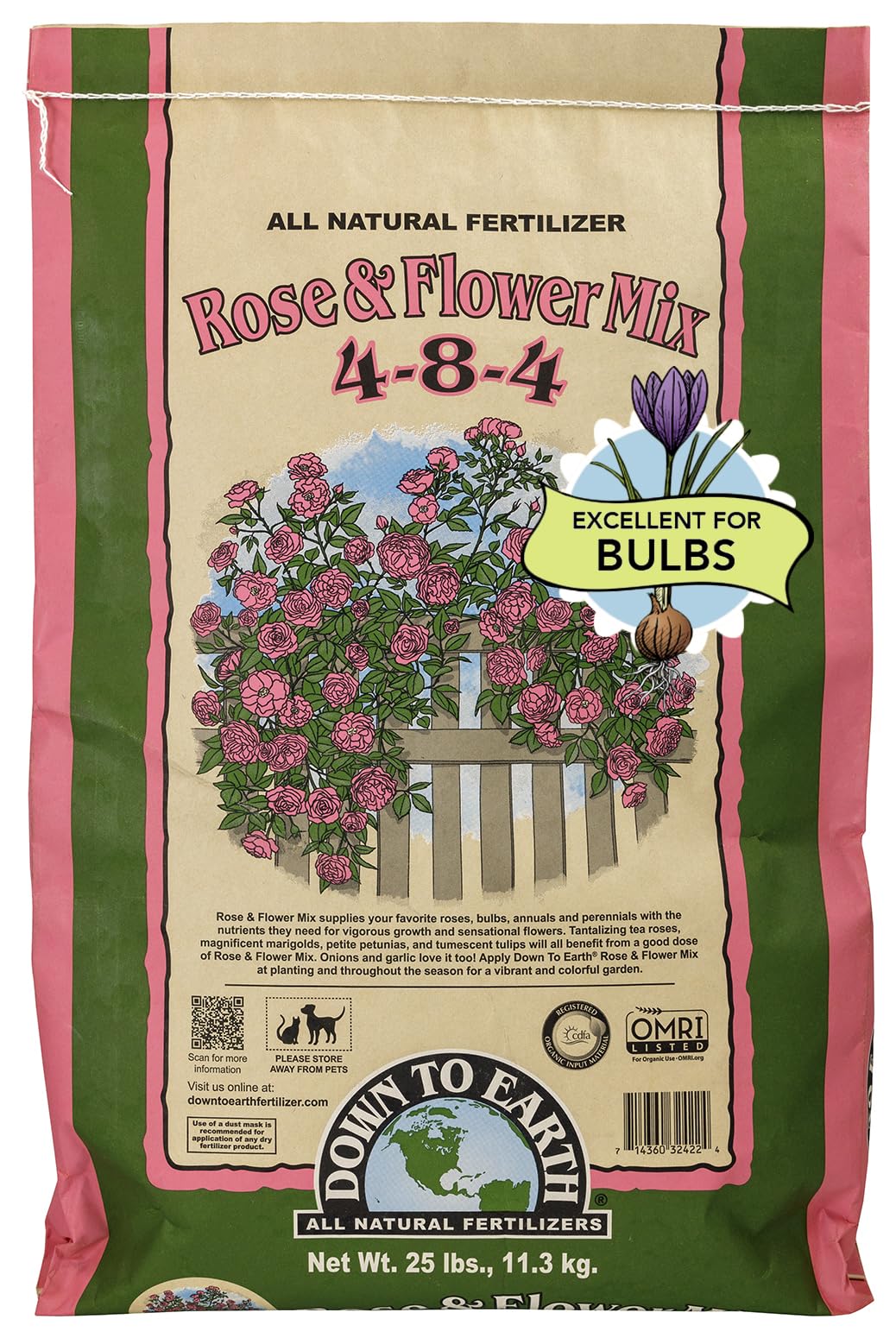 Organic Rose & Flower Mix - Plant Food for Roses, Bulbs, Flowers and Ornamentals 4-8-4, 25 lb