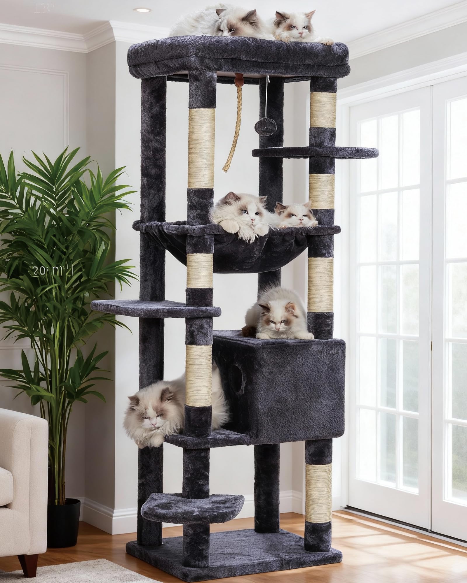 Heybly Cat Tree for Large Cats 20lbs Heavy Duty, 60 inches XXL Cat Tower for Indoor Cats, Multi-Level Furniture Condo with Big Padded Plush Perch,