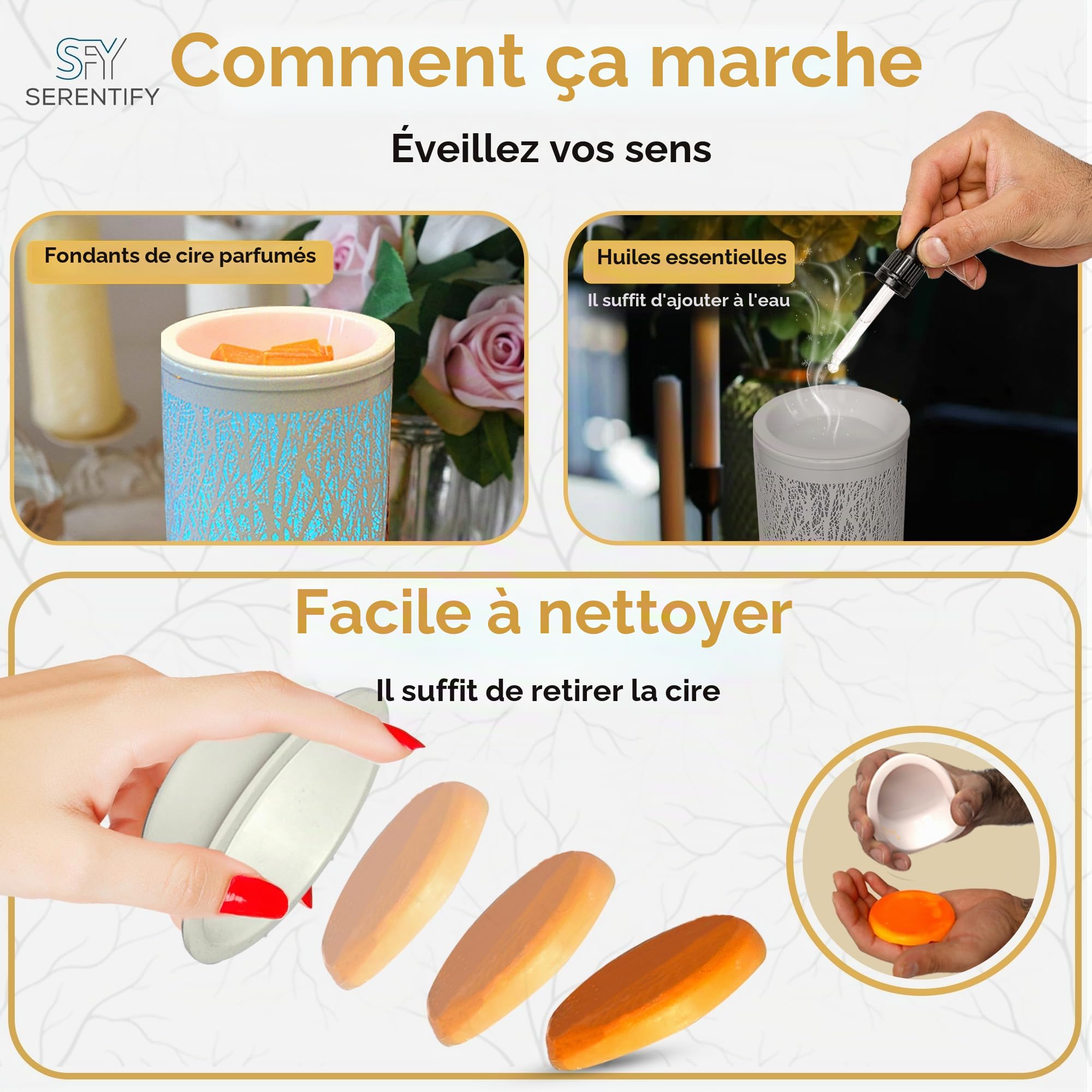 Brûleurs à cire électriques à couleur changeante | Brûleur d'huiles essentielles | Lumière/Lampe LED et chauffe-cire | Plat en silicone facile à nettoyer | 26,5 cm (Blanc)
