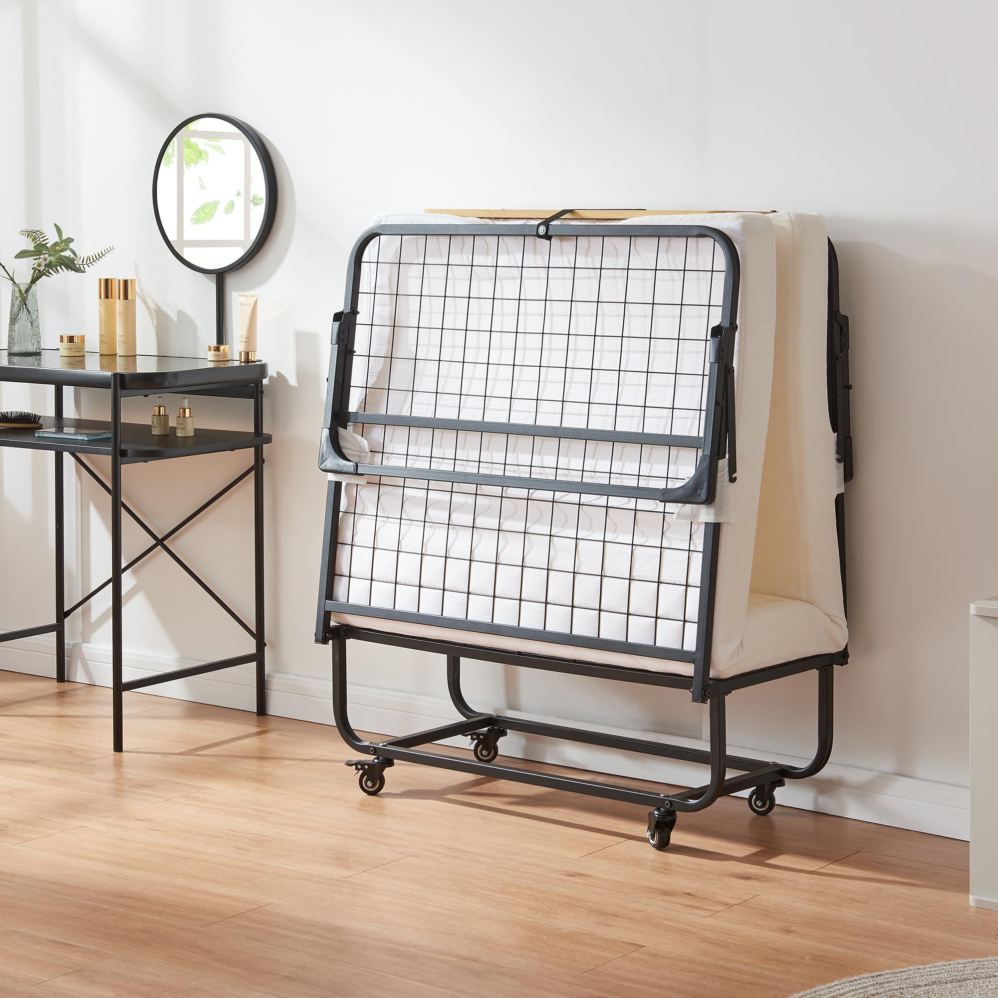 [en.casa] Klappbett 90x200 cm Erwachsene Lustendi mit Matratze Gästebett klappbar mit Kopfteil Metallbett mit Rollen Schwarz/Eicheoptik