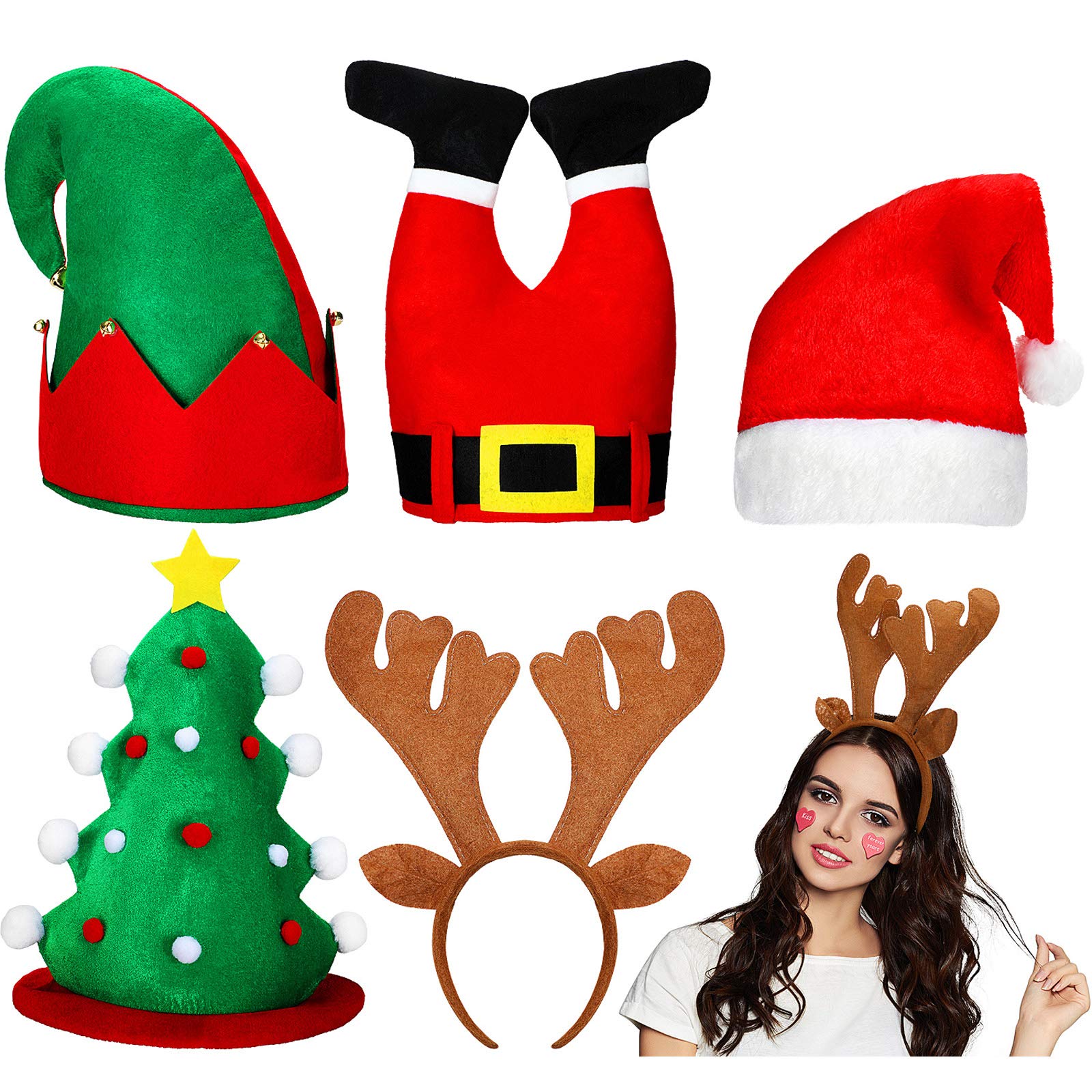 5 Pieces Christmas Hats and headband Set Include Santa Pants Design Hat, Christmas Elf Hat, Plush Christmas Tree Design Hat, Plush Christmas Hat, Reindeer Headband for Christmas Holiday Party Favors