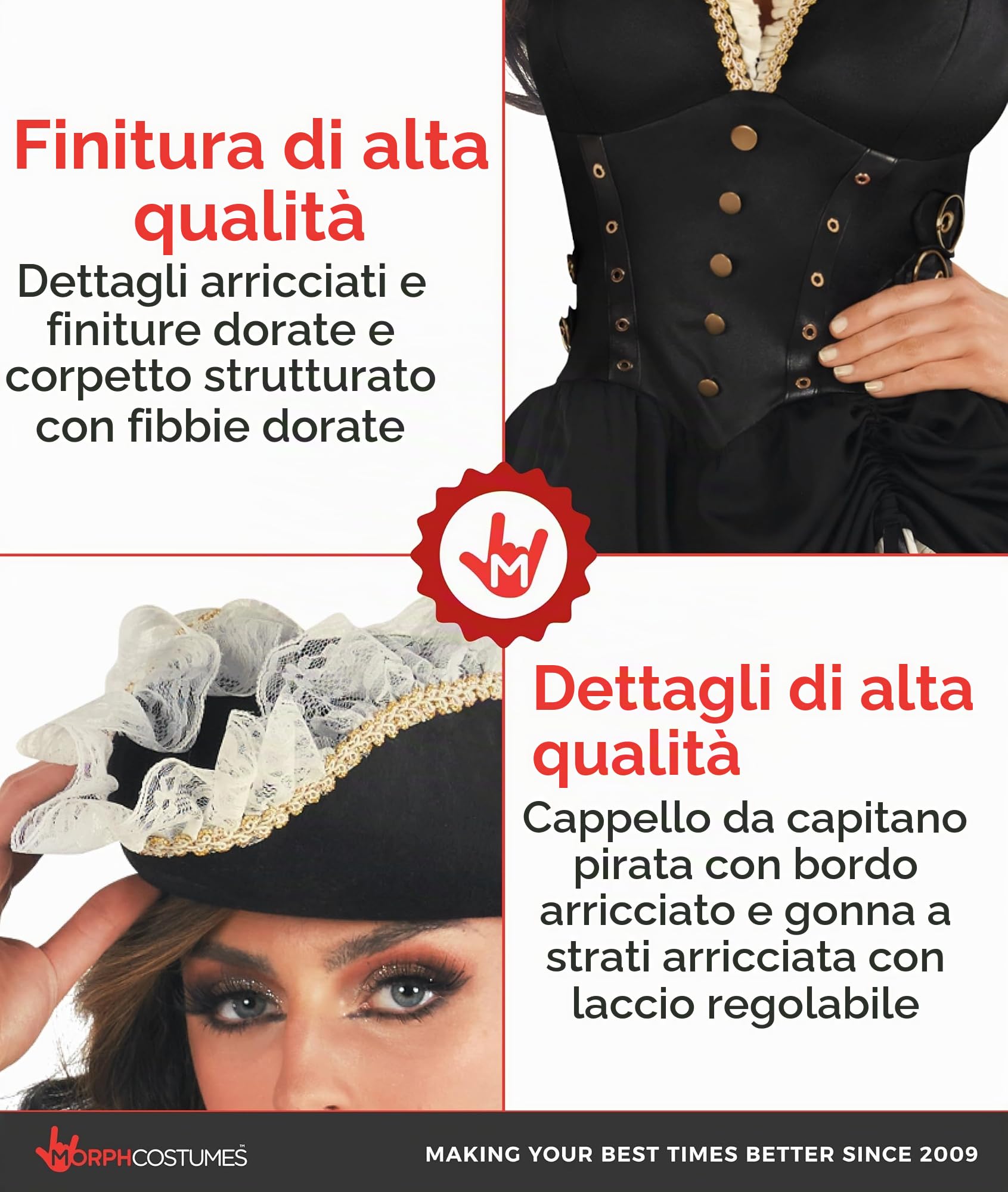 Morph Costume Pirata Donna - Vestito Carnevale Piratessa, Abito per Halloween, Compleanni e Party, Costume da Pirata Donna