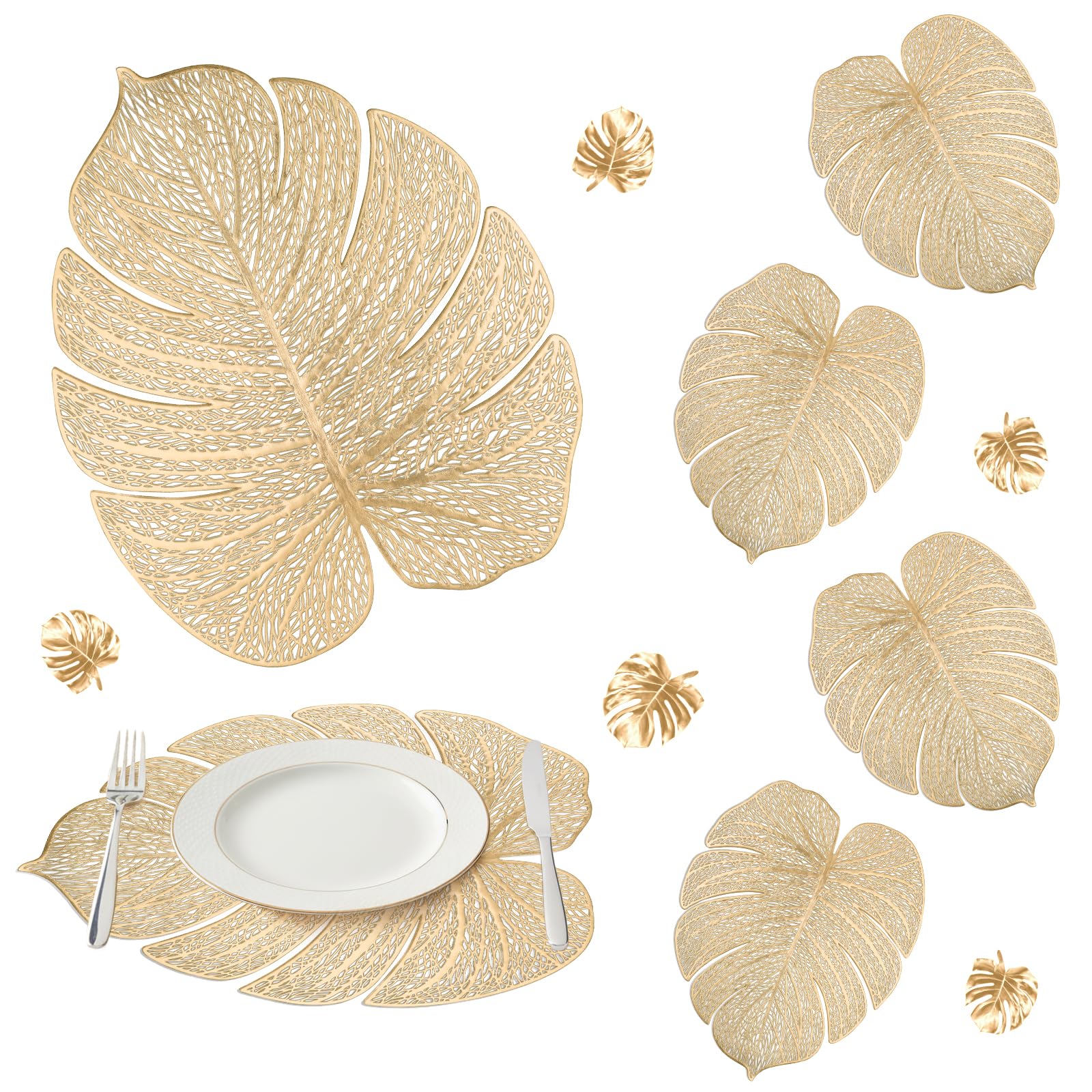 comfoyar Round Gold Palm Leaf Shaped Placemats Set of 6, 32x38cm Washable Wipeable Vinyl Metallic Hollow out Place Mats, Waterproof Oil Proof Table Mats for Kitchen Dining Party Table Decoration