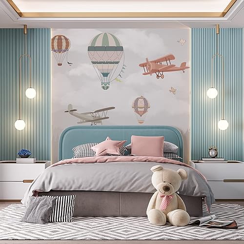 Miniatura 6 de WS Wallpaper Papel tapiz autoadhesivo para pared, diseño de aviones y globos en el cielo, vinilo autoadhesivo, decoración de habitación de bebé,