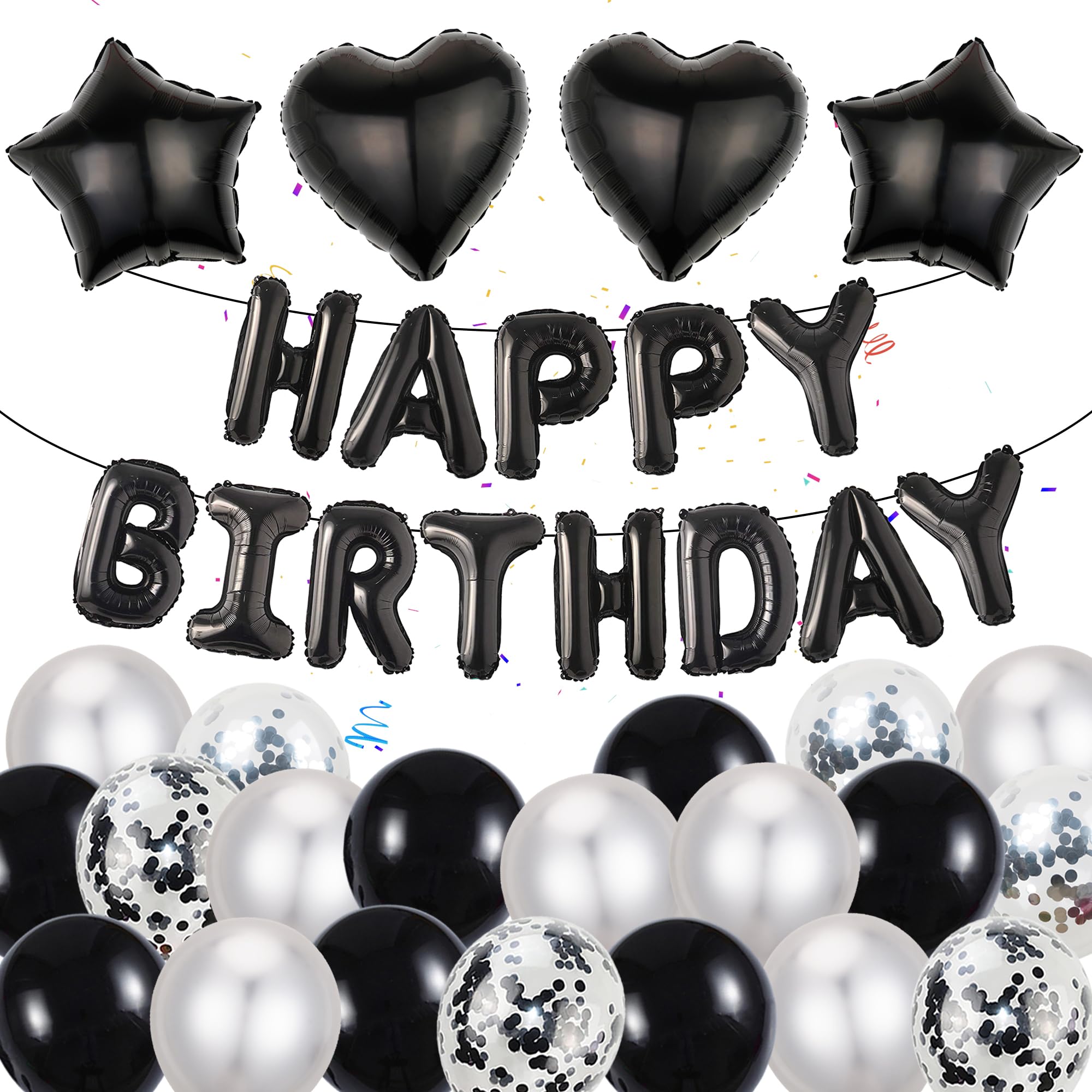 Luftballons Schwarz Silber Geburtstag Dekoration - 37 Stücke Happy Birthday Folienballons Banner Dekorationen Helium Ballon Geburtstagsparty für Männer Frauen Erwachsene Kinder Geburtstags Party Deko