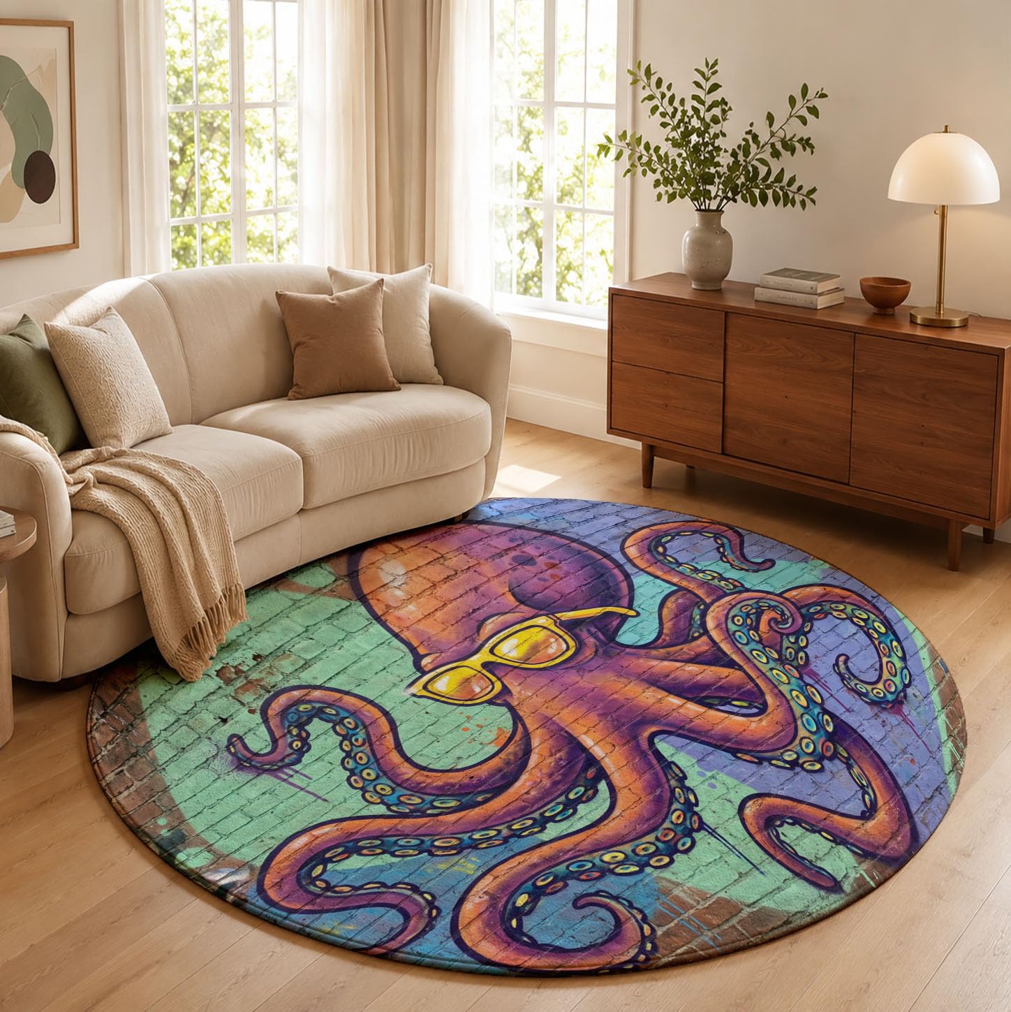 Tapis Rond Mur De Briques Pieuvre 120cm | Art De Graffiti sur Mur De Briques Rond Tapis Doux Résistant, Lavable Antidérapant pour Chambre à Coucher Salle à Manger