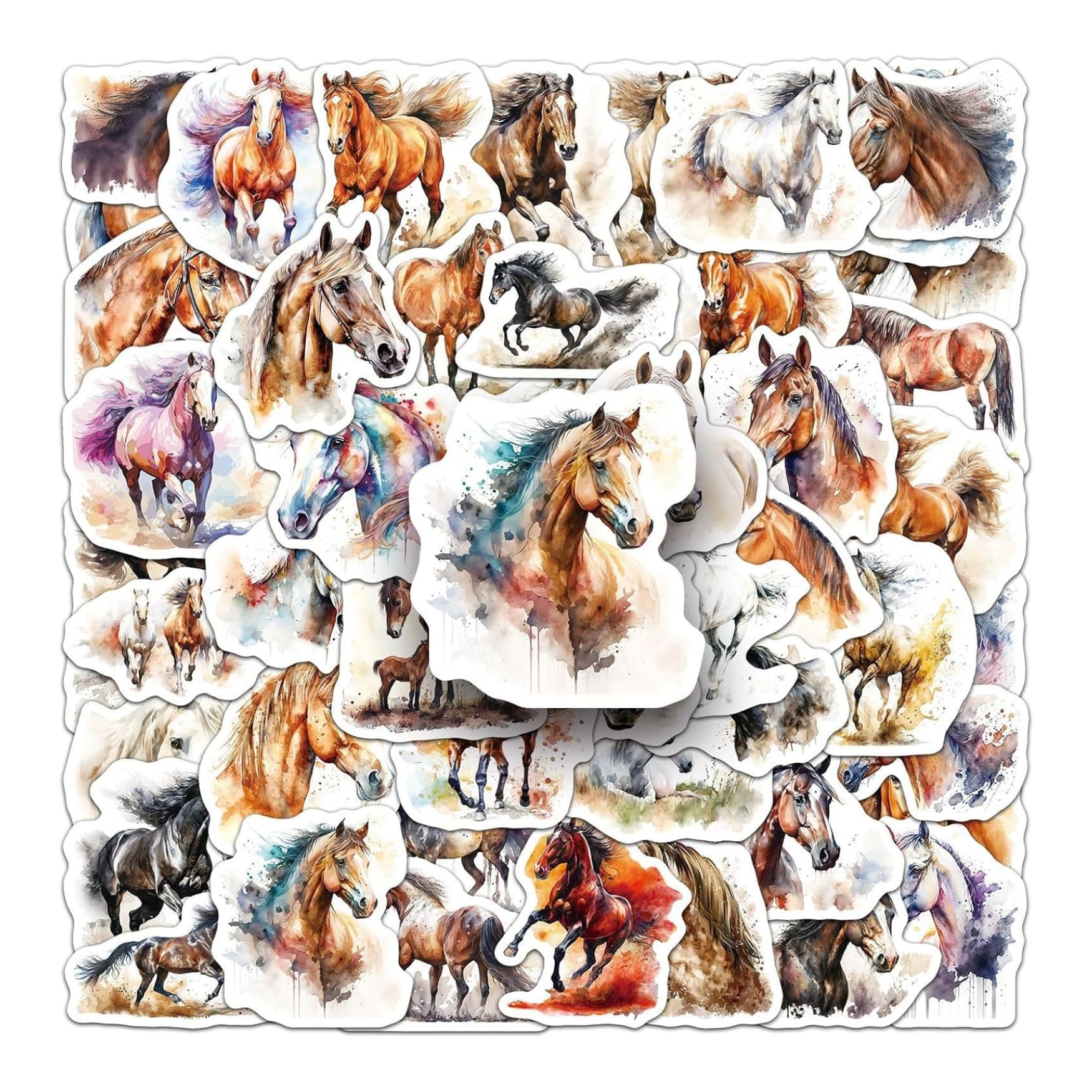 HNTR® Horse Stickers | 50 Artistic Watercolour Style Horses | Horse Gifts | for Books, Laptops and Journals