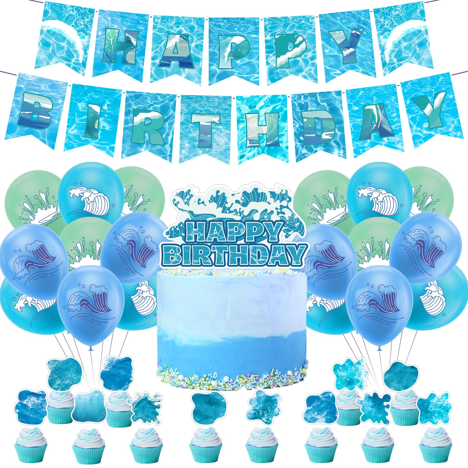 POMNUGOcean Sea Waves Birthday Party Decorations Ocean Waves Party Supplies Includes Ocean Birthday Balloons Banner Cake Cupcake Toppers for Under the Sea Party Beach Party Decorations
