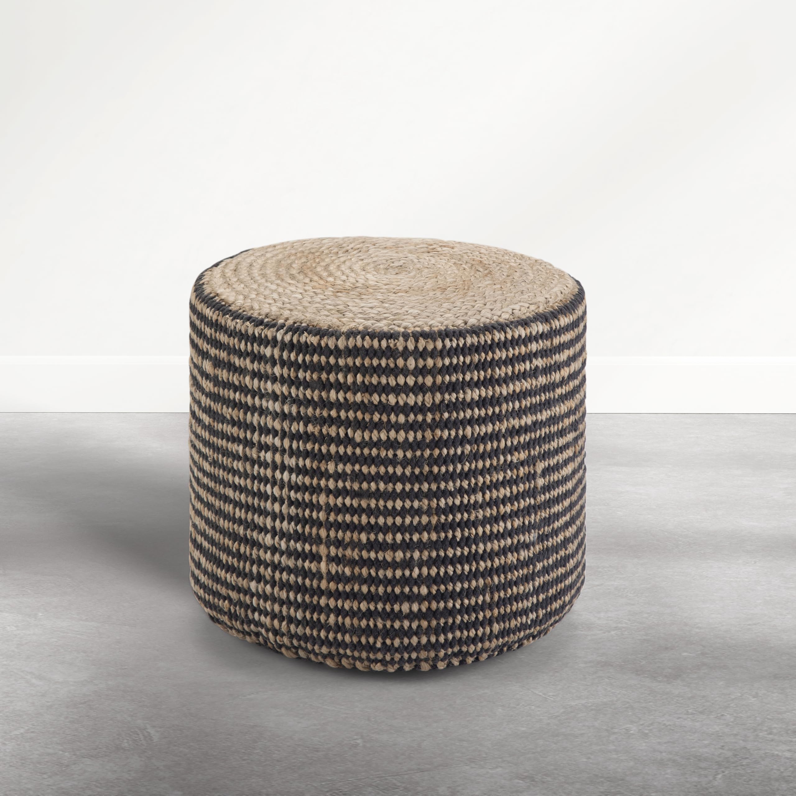 SIMPLIHOME Larissa Pouf - 18 inch Wide Upholstered Jute Round Pouf Ottoman in Sandy Natural/Ebony, Boho Footstool for Living Room or Bedroom with Polystyrene Bead Filling, Assembled-image-10