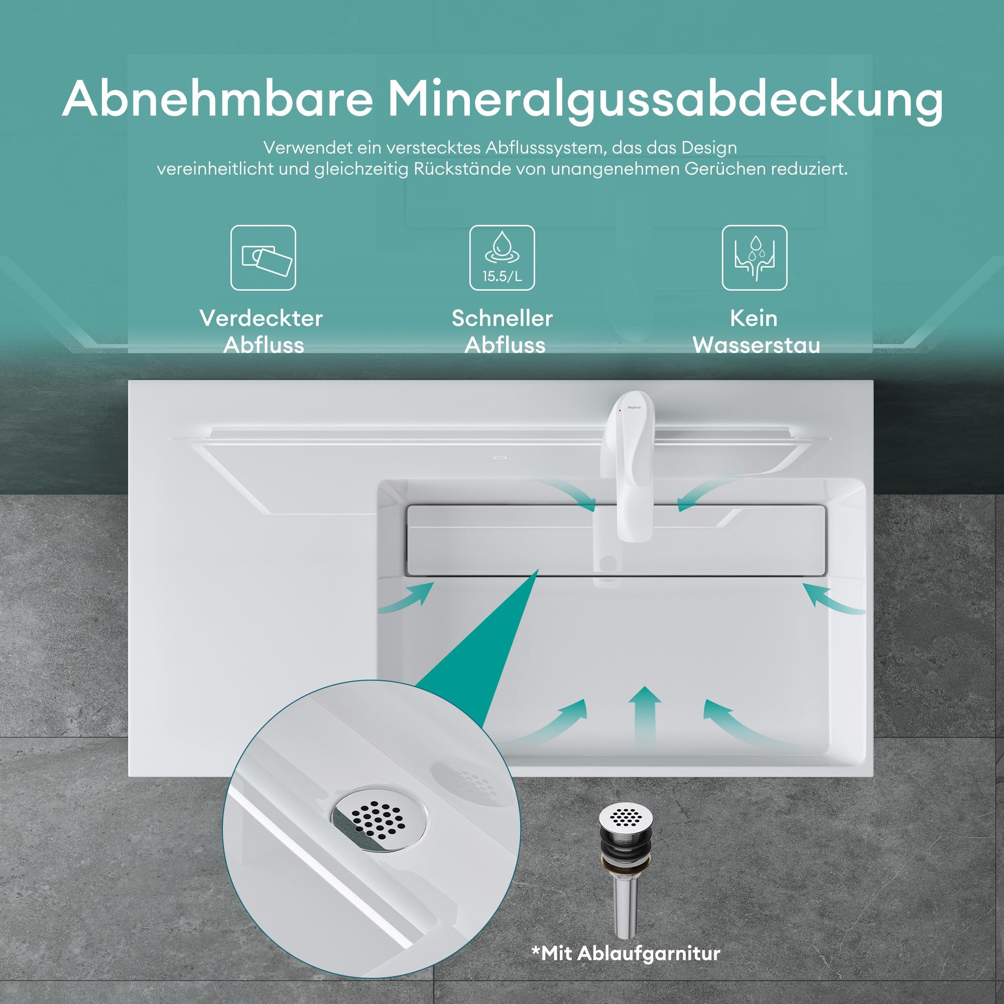 Mai & Mai Lavabo sobre Encimera Lavabo Derecho Suspendido Baño | Rectangular | Blanco Brillante | Mármol Fundido | 75x43x14cm | 1 Orificio para Grifo sin Rebosadero | Colossum12