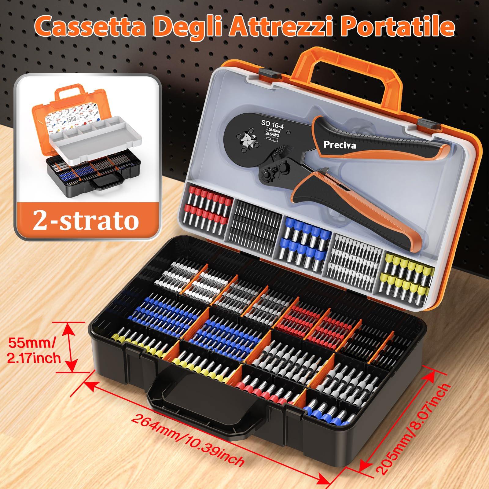 Preciva Set Pinza Crimpatrice con 1500 Puntalini Pinza Crimpatrice a Cricchetto 0,08–16mm² AWG28–5, Crimpa Puntalini/Capicorda Isolati e Non Isolati, Pinza a Crimpare Quattro
