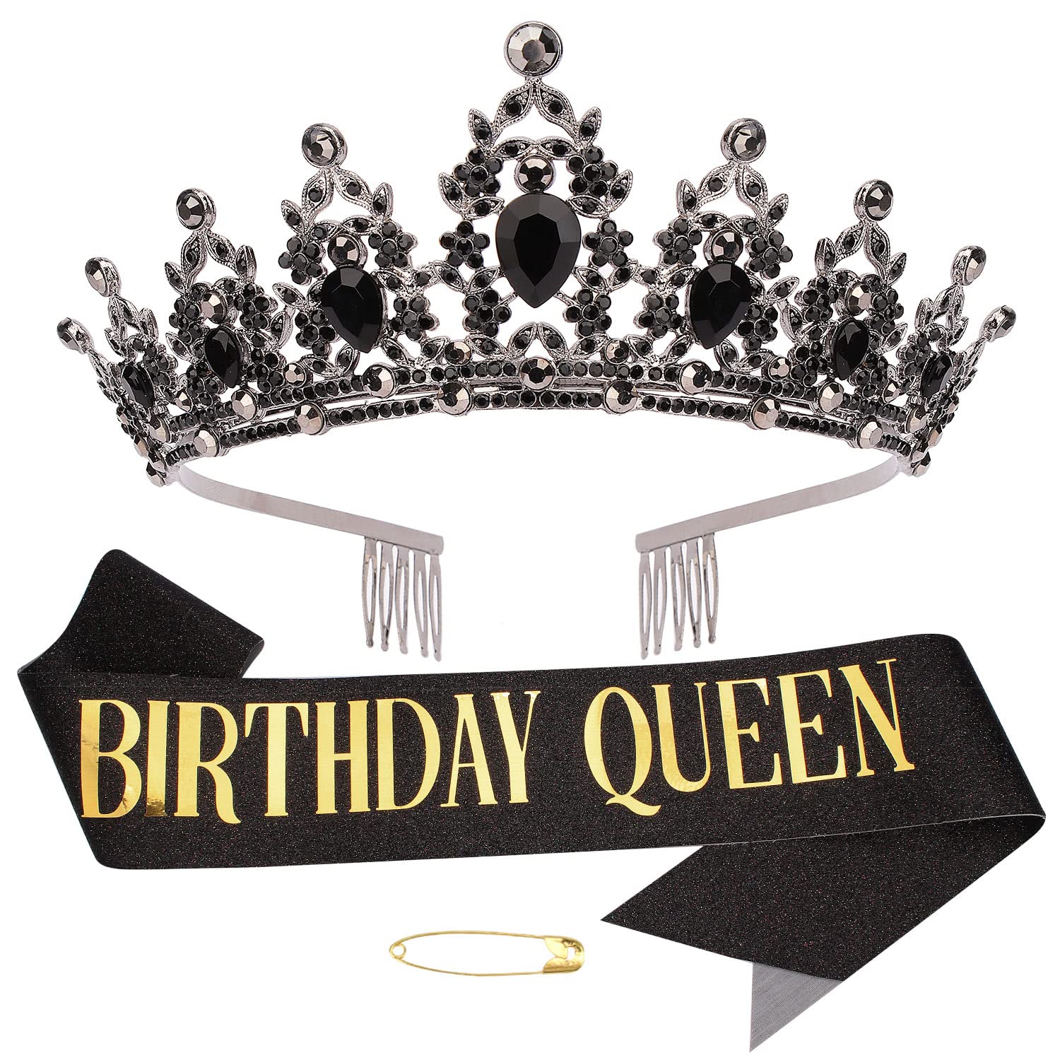 Didder Birthday Queen Sash & Crystal Tiara Kit, Rhinestones Crown with Comb Glitter Satin Birthday Sash with Pin