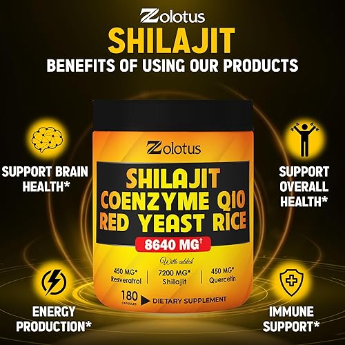 Miniatura 4 de Zolotus Suplemento Shilajit 7 en 1 + arroz de levadura roja, cápsulas de coenzima Q10, equivalente a 8640 mg, con quercetina, resveratrol, vitamina